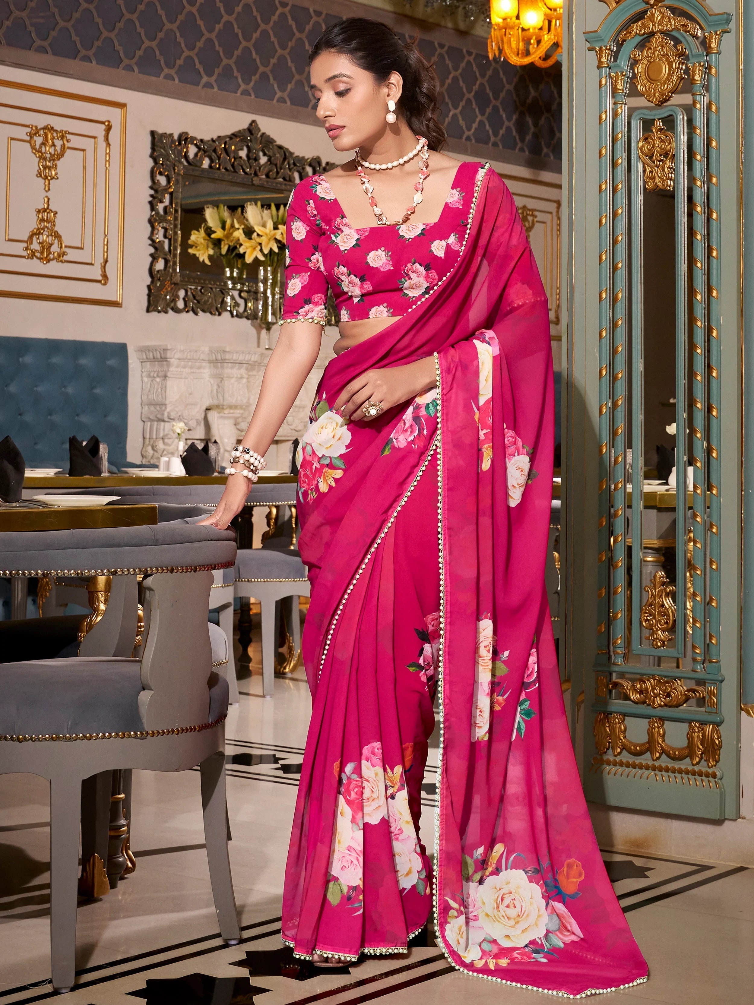 Pink Floral Print Traditional Saree With Blouse