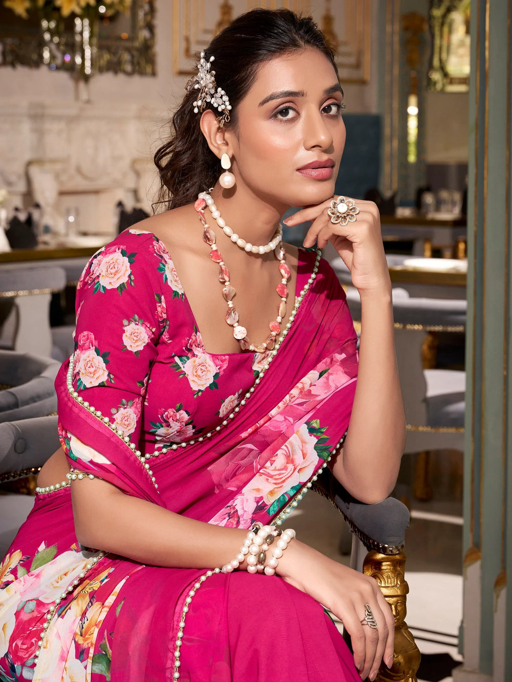 Pink Floral Print Traditional Saree With Blouse