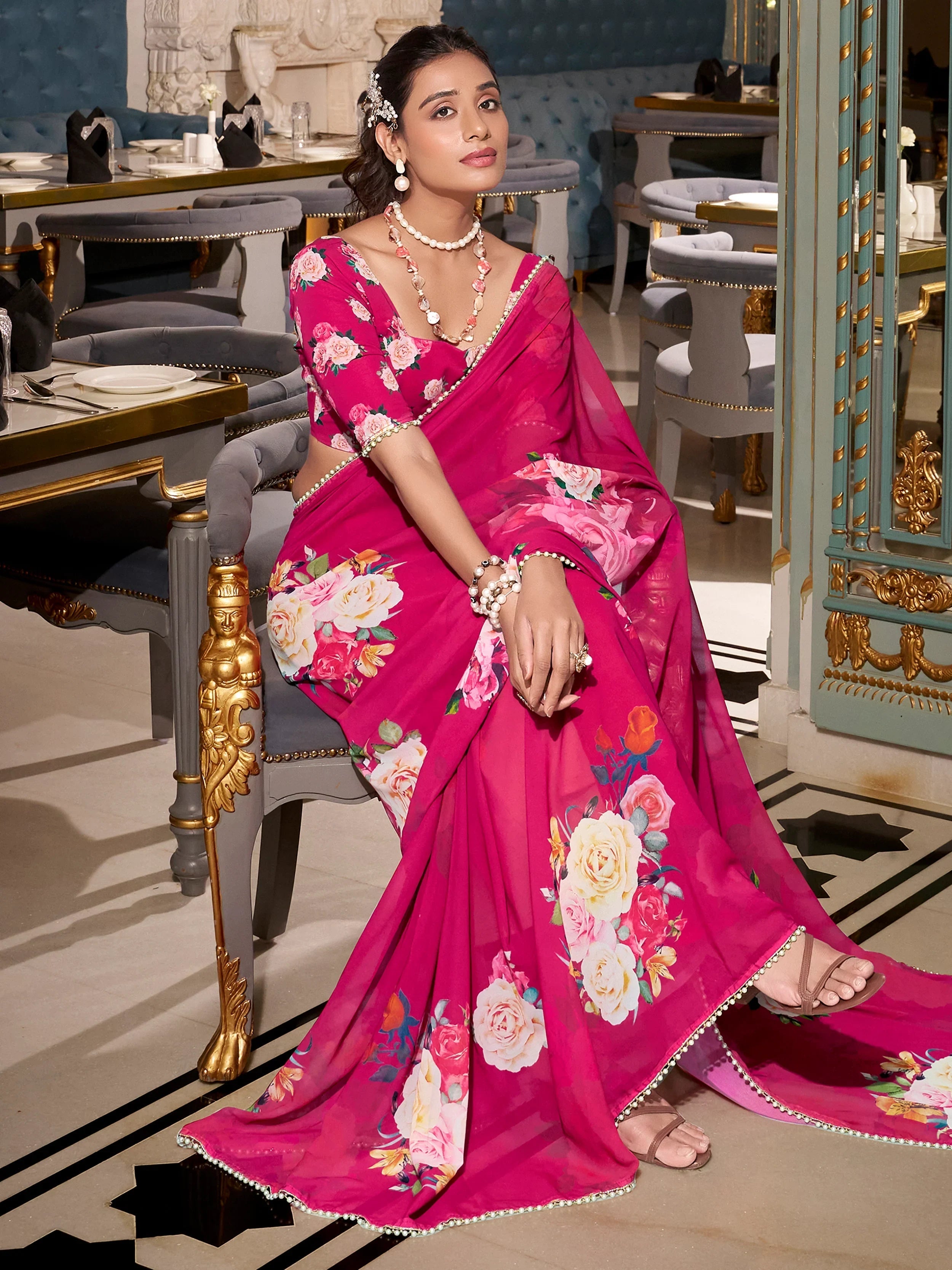 Pink Floral Print Traditional Saree With Blouse