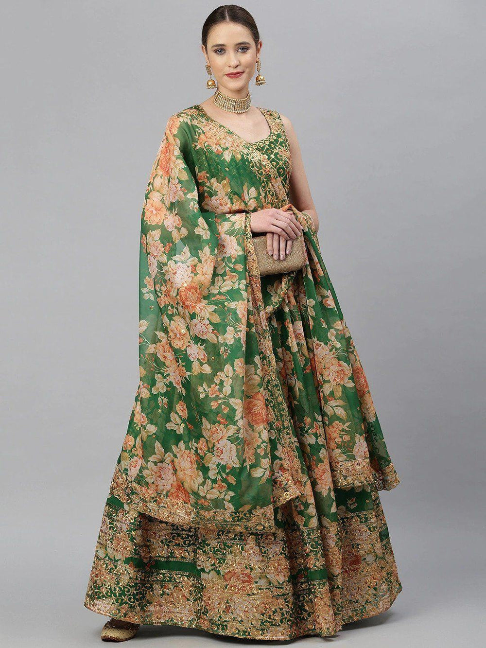 Green & Peach Embellished Sequinned Wedding Wear Lehenga Choli
