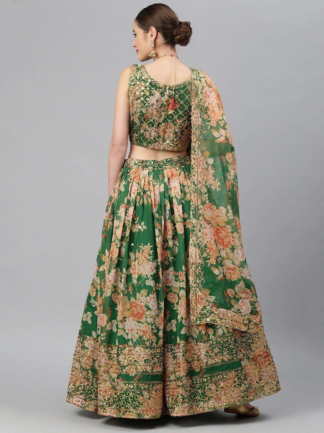 Green & Peach Embellished Sequinned Wedding Wear Lehenga Choli