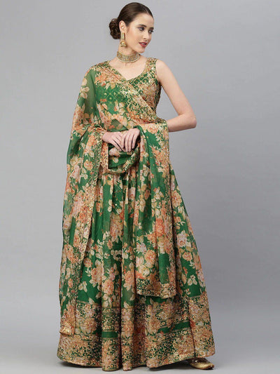 Green & Peach Embellished Sequinned Wedding Wear Lehenga Choli