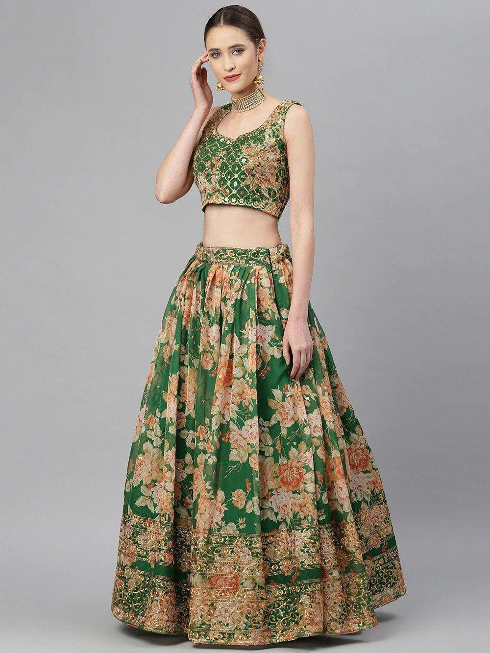 Green & Peach Embellished Sequinned Wedding Wear Lehenga Choli