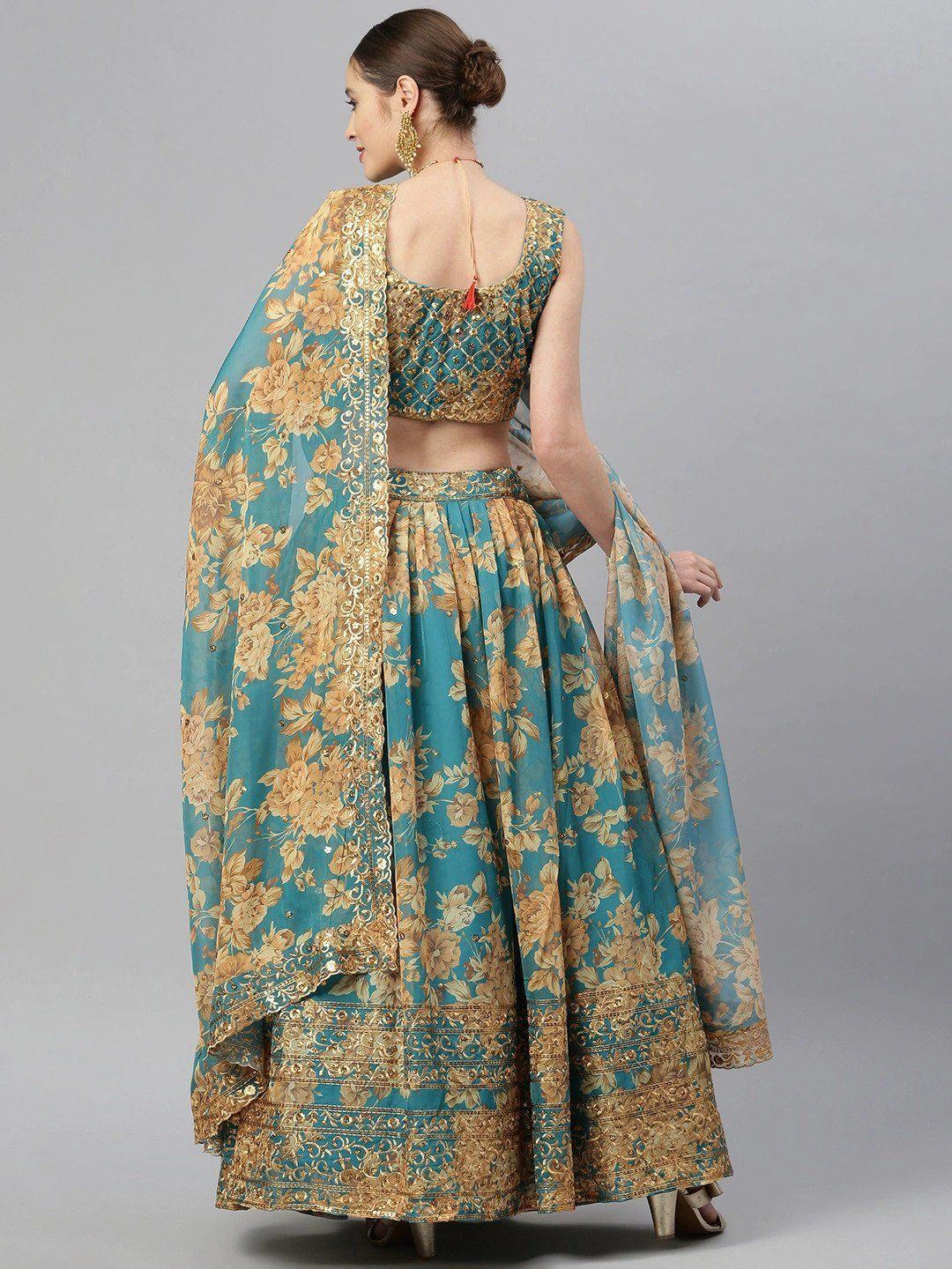 Teal & Peach Embellished Sequinned Wedding Wear Lehenga Choli