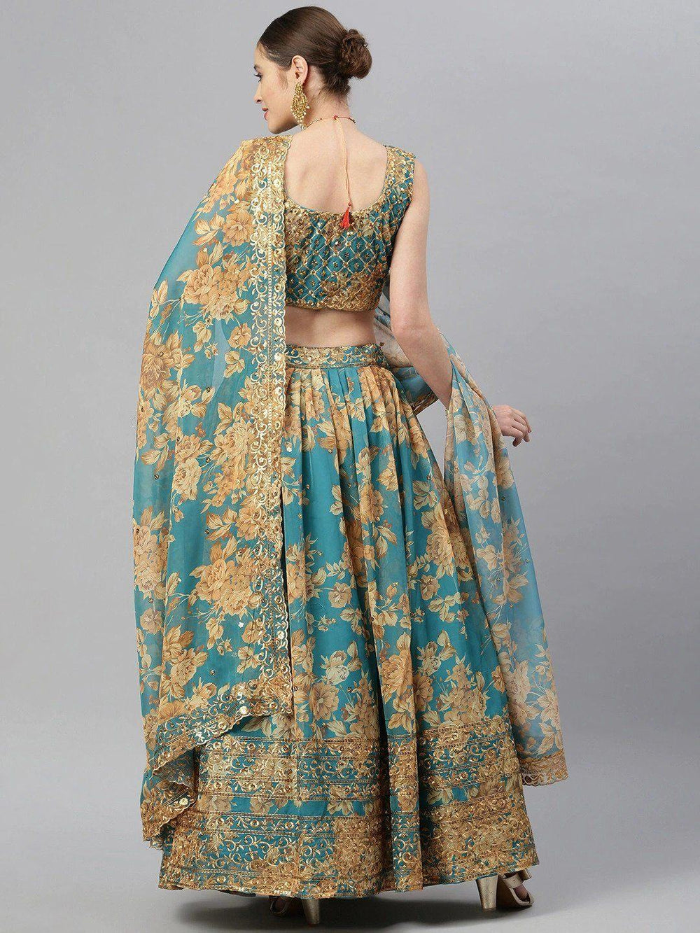 Teal & Peach Embellished Sequinned Wedding Wear Lehenga Choli