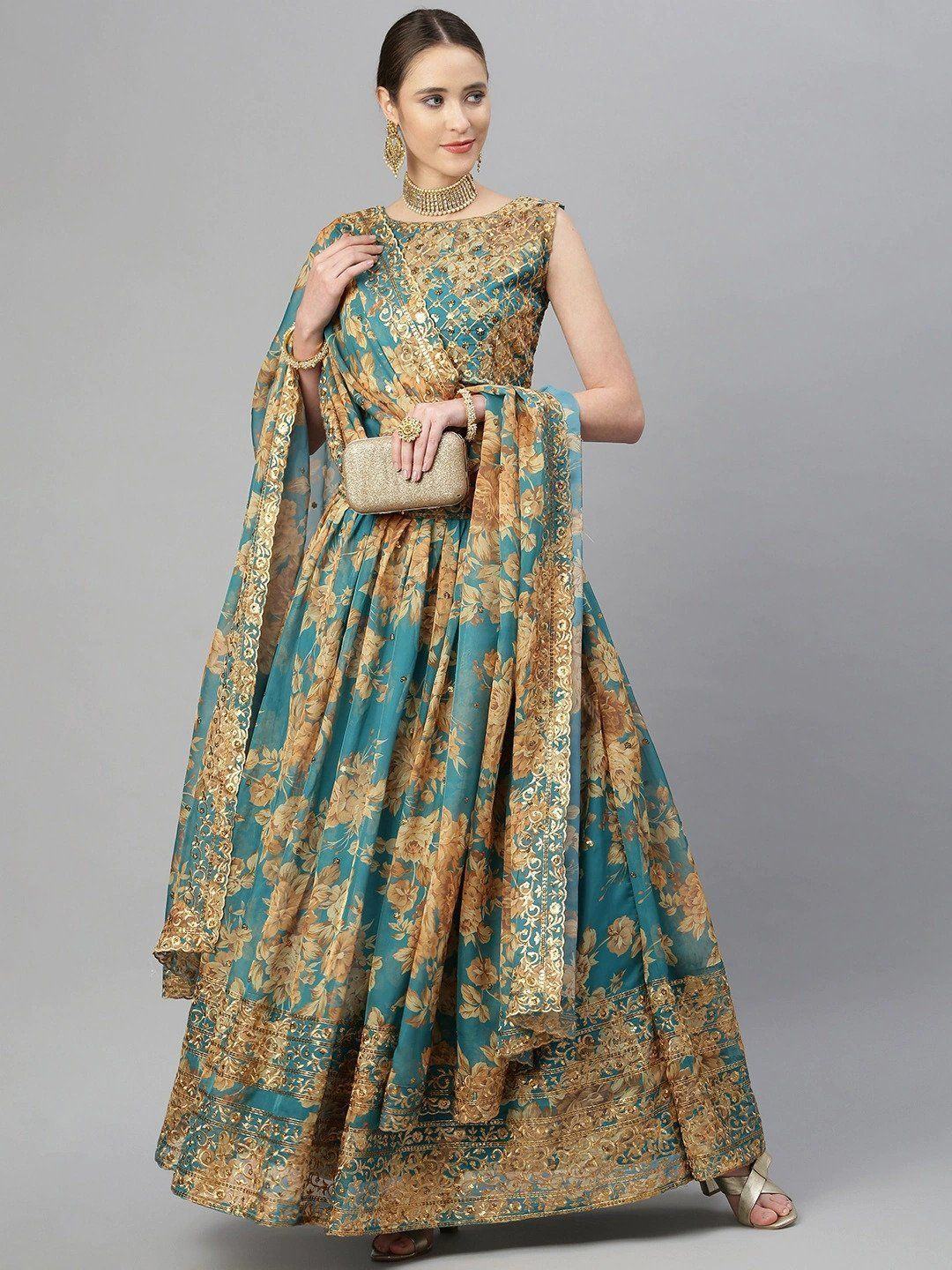 Teal & Peach Embellished Sequinned Wedding Wear Lehenga Choli