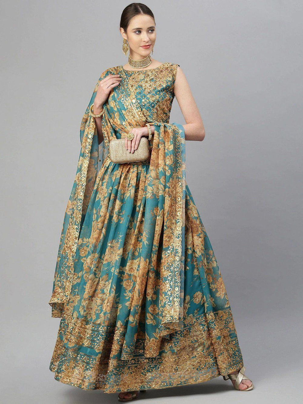 Teal & Peach Embellished Sequinned Wedding Wear Lehenga Choli