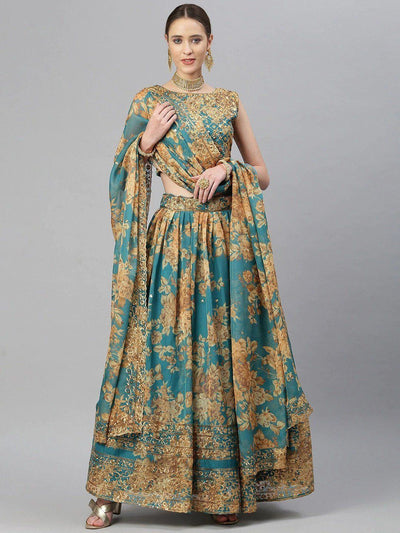 Teal & Peach Embellished Sequinned Wedding Wear Lehenga Choli
