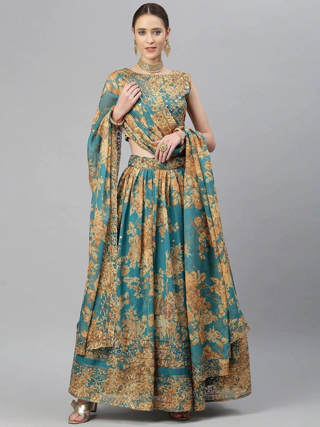 Teal & Peach Embellished Sequinned Wedding Wear Lehenga Choli