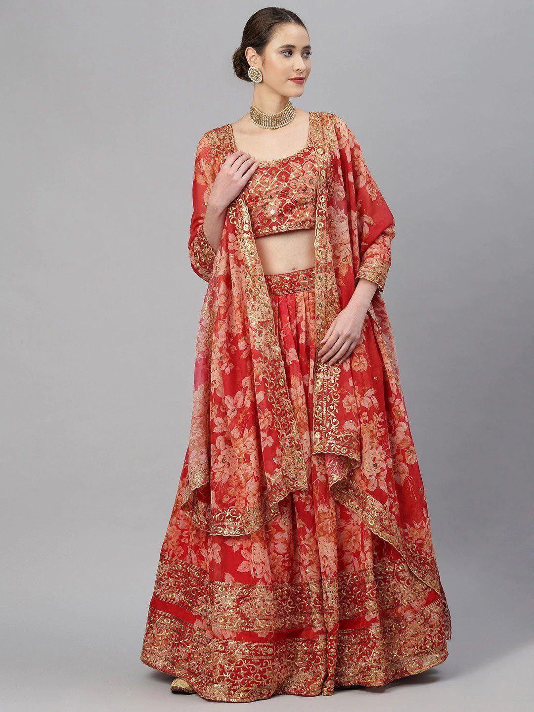 Red & Gold-Toned Embellished Sequinned Wedding Wear Lehenga Choli
