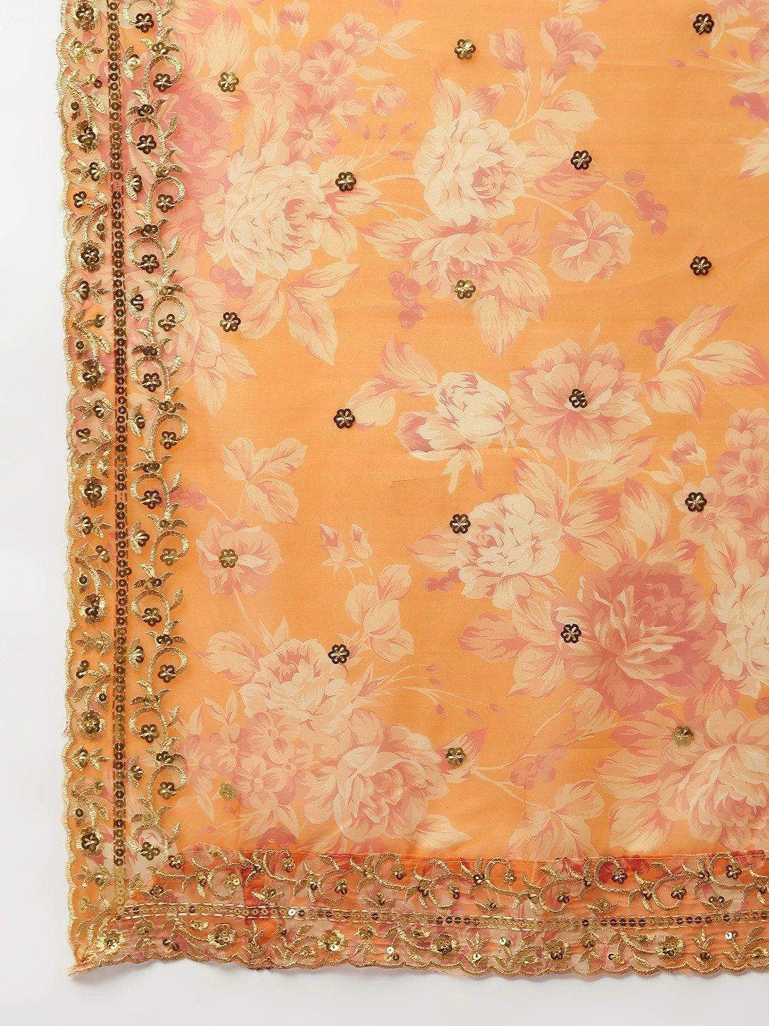 Orange & Gold-Toned Embellished Sequinned Event Wear Lehenga Choli