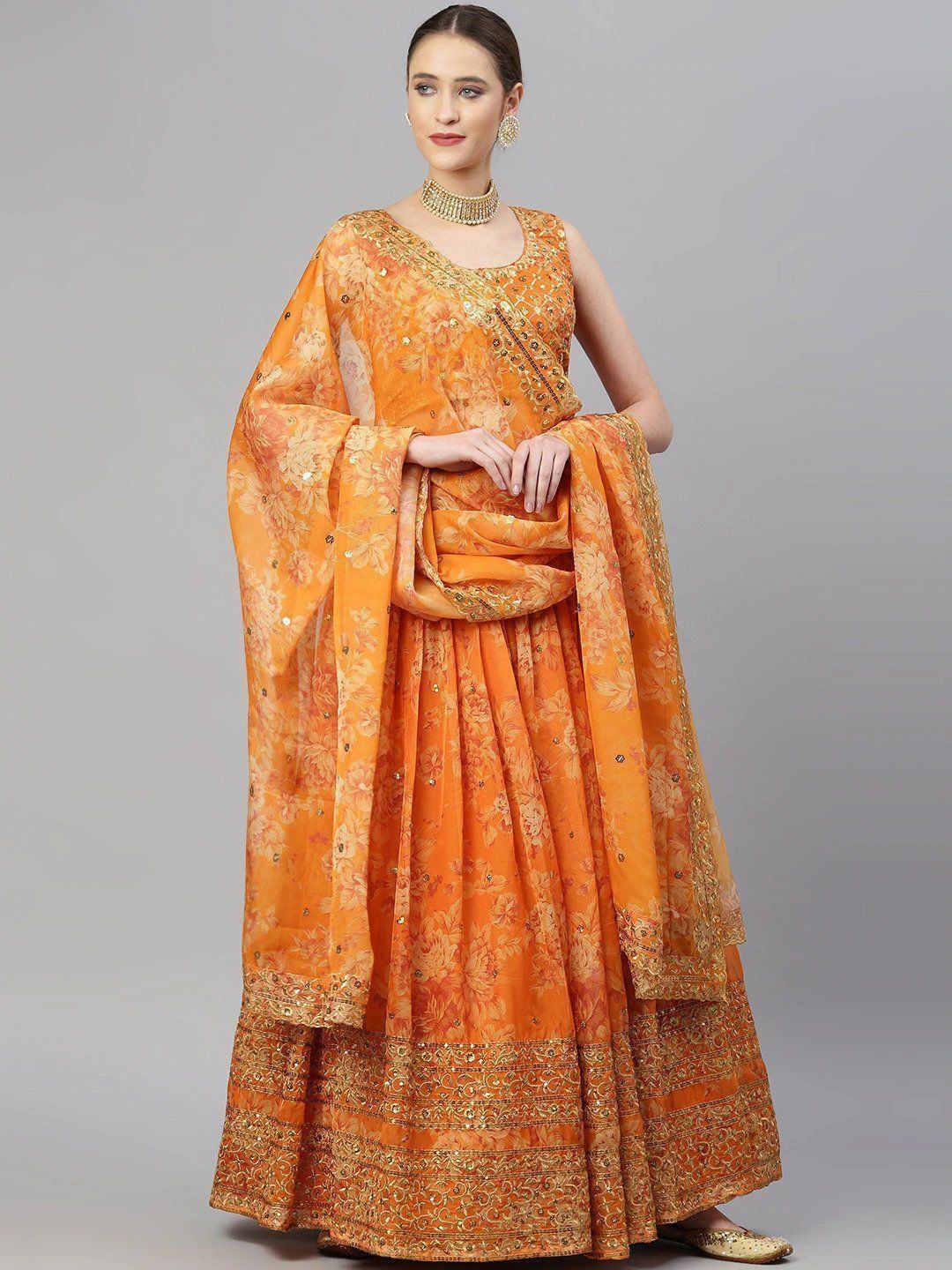 Orange & Gold-Toned Embellished Sequinned Event Wear Lehenga Choli