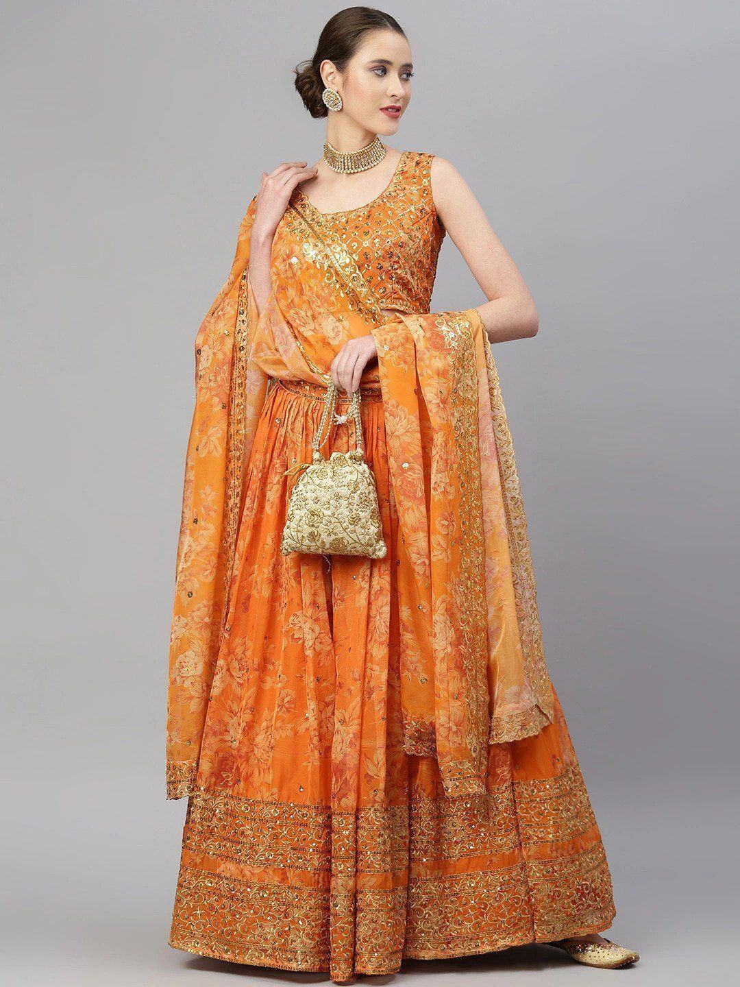 Orange & Gold-Toned Embellished Sequinned Event Wear Lehenga Choli