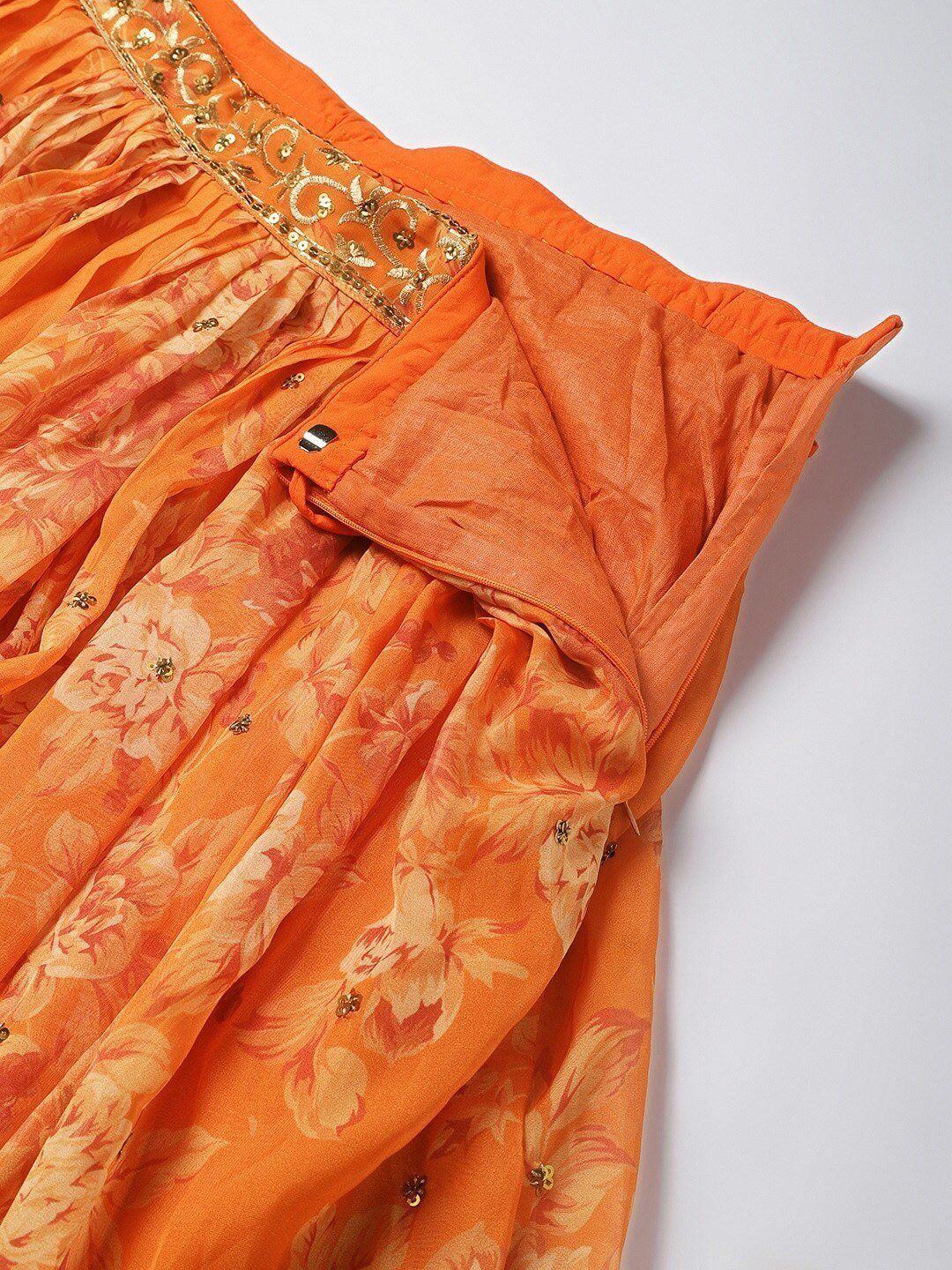 Orange & Gold-Toned Embellished Sequinned Event Wear Lehenga Choli