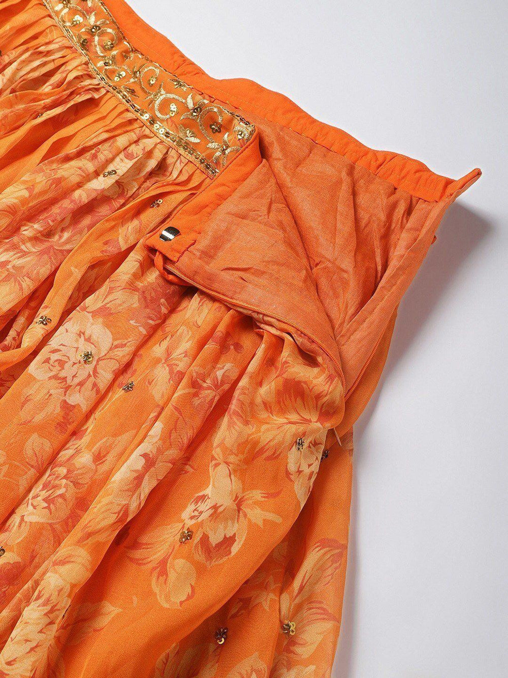 Orange & Gold-Toned Embellished Sequinned Event Wear Lehenga Choli