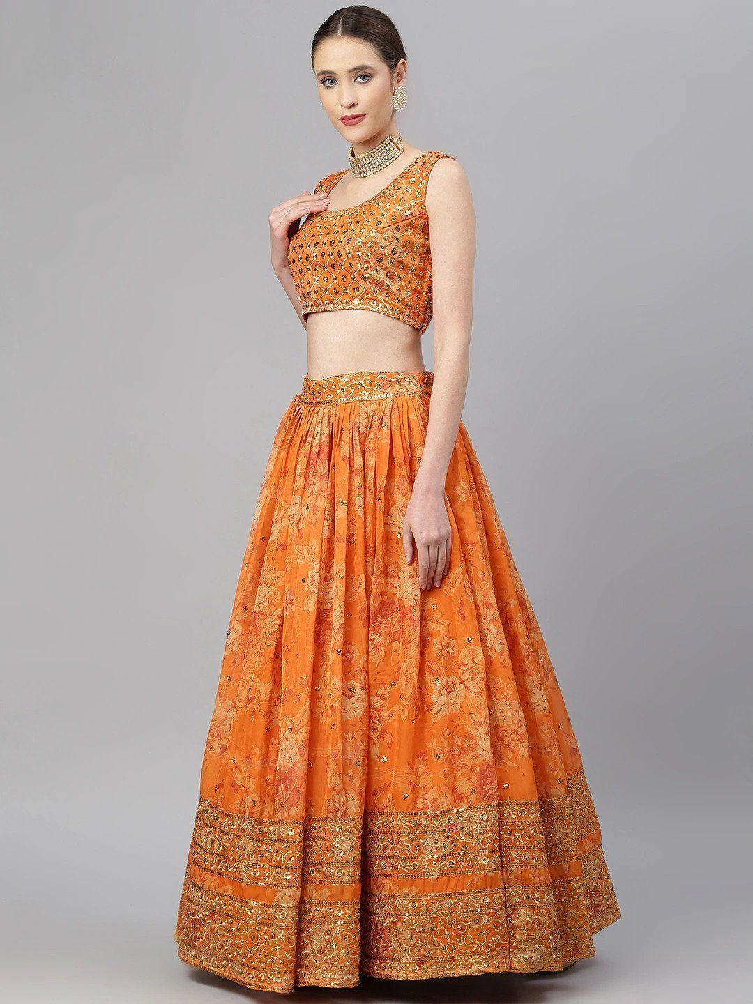 Orange & Gold-Toned Embellished Sequinned Event Wear Lehenga Choli