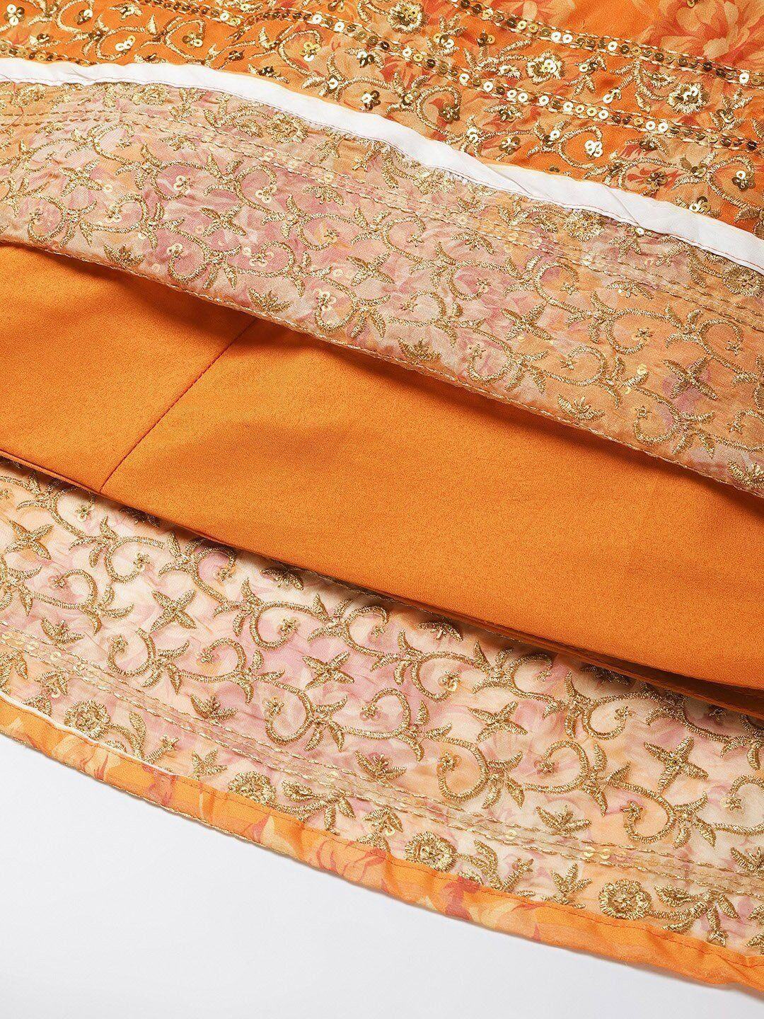 Orange & Gold-Toned Embellished Sequinned Event Wear Lehenga Choli