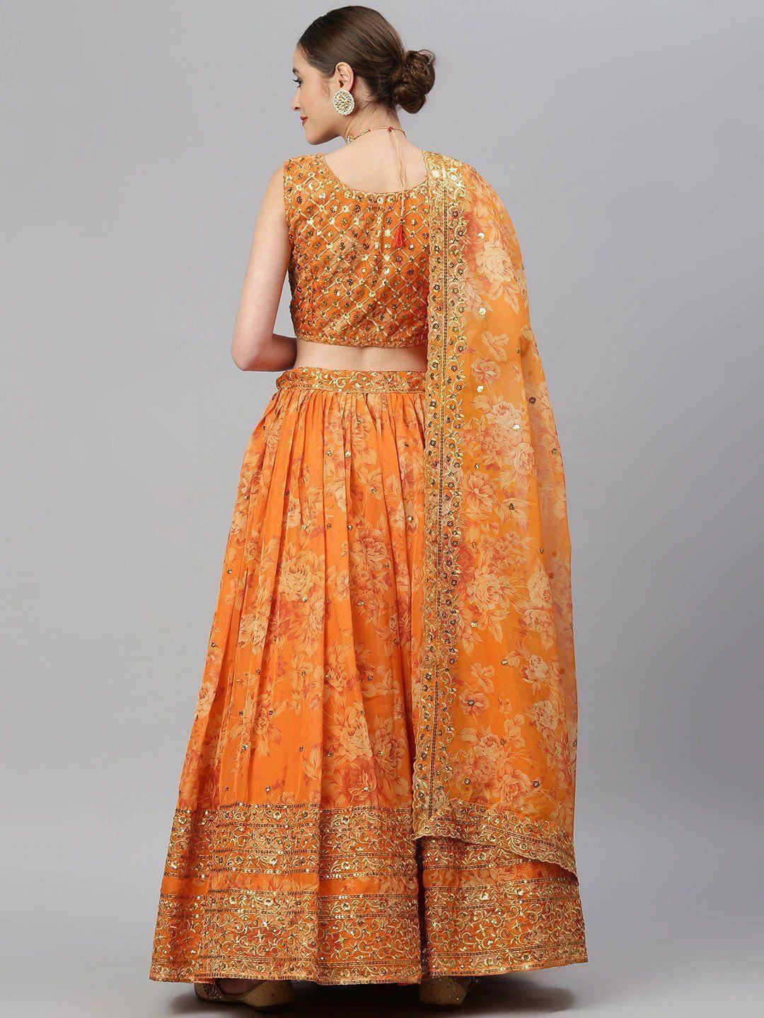 Orange & Gold-Toned Embellished Sequinned Event Wear Lehenga Choli