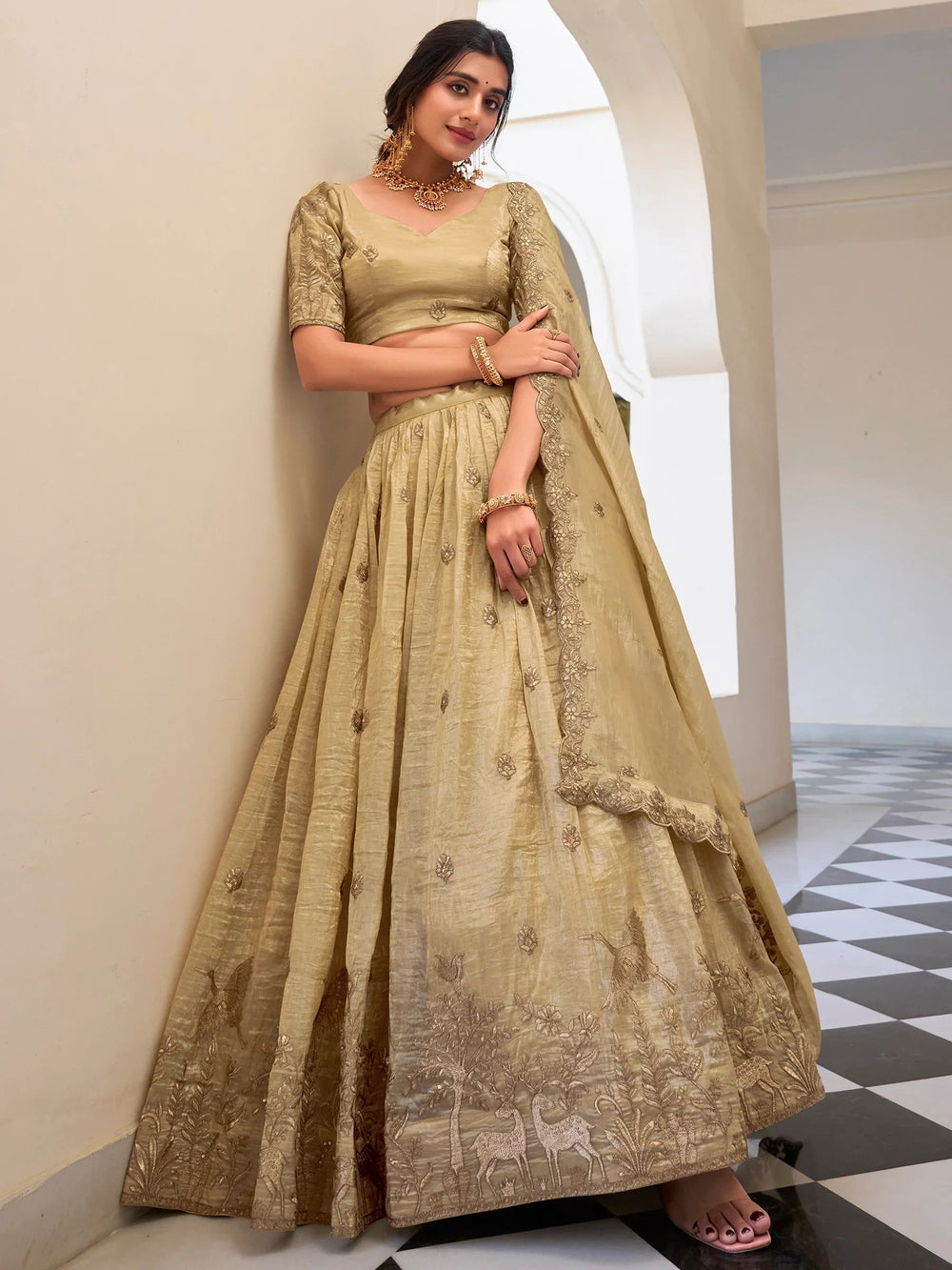 Cream Thread Embroidered Wedding Lehenga Choli With Dupatta