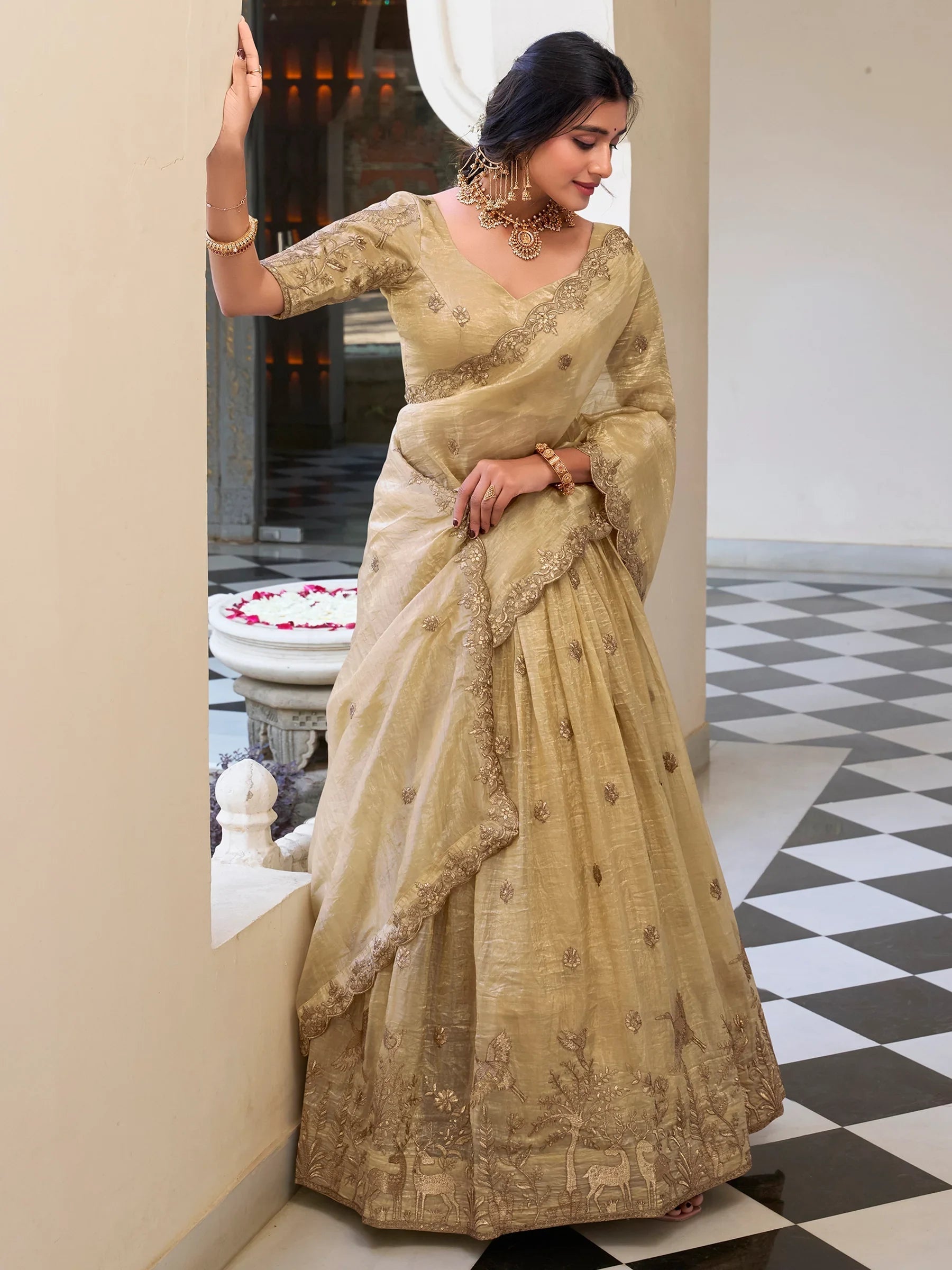 Cream Thread Embroidered Wedding Lehenga Choli With Dupatta