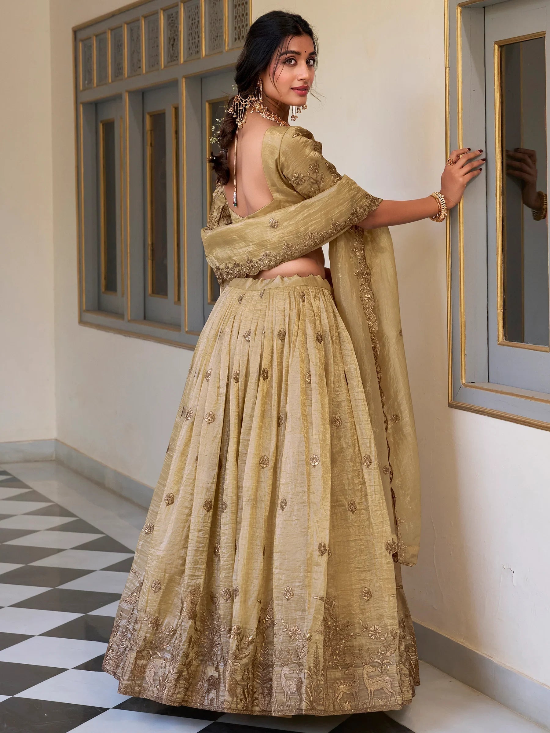 Cream Thread Embroidered Wedding Lehenga Choli With Dupatta