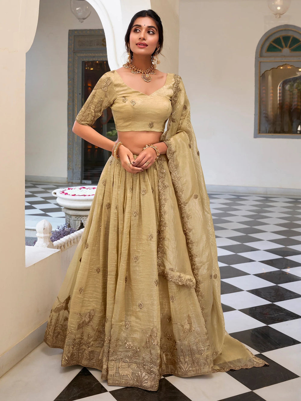 Cream Thread Embroidered Wedding Lehenga Choli With Dupatta