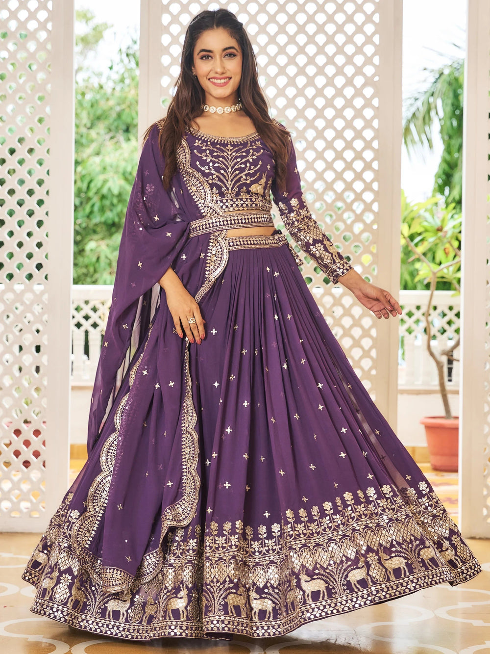 Purple Sequins Georgette Lehenga Choli With Dupatta for Women