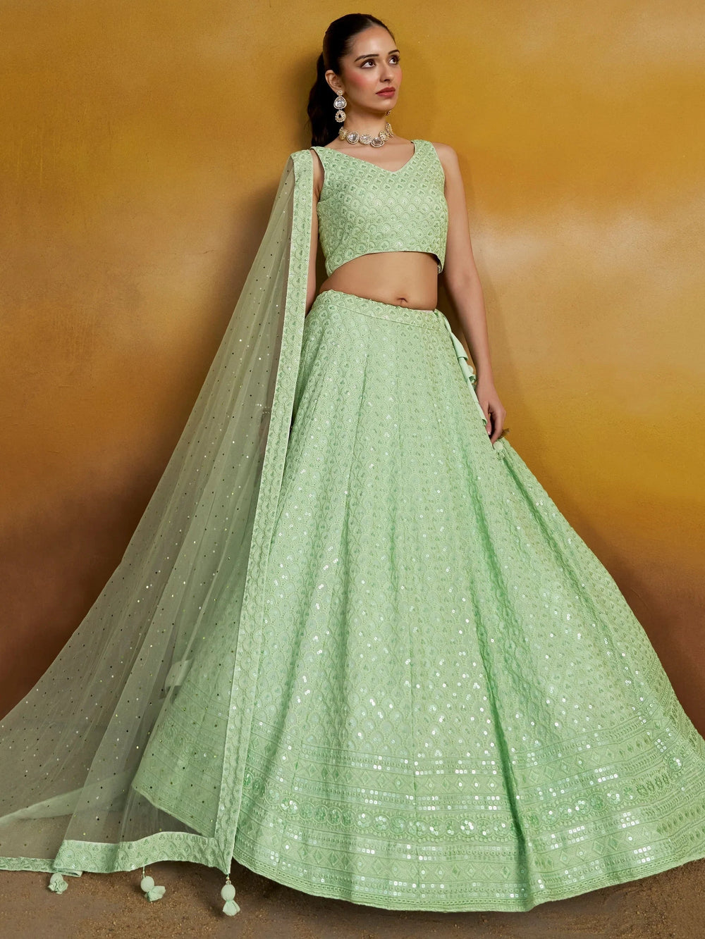 Sequins georgette lehenga choli with thread embroidery for wedding and sangeet occasions