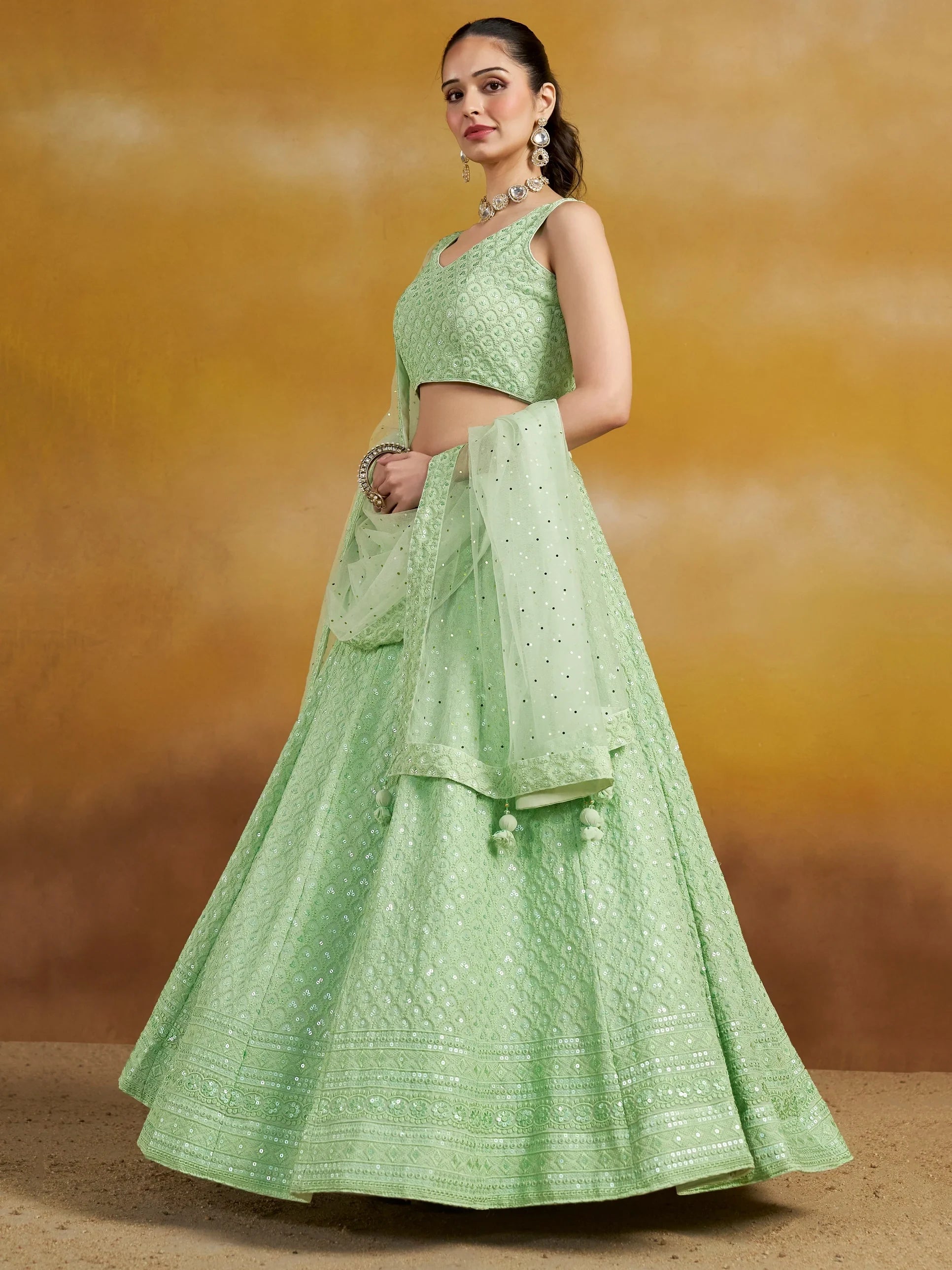 Sequins georgette lehenga choli with thread embroidery for wedding and sangeet occasions