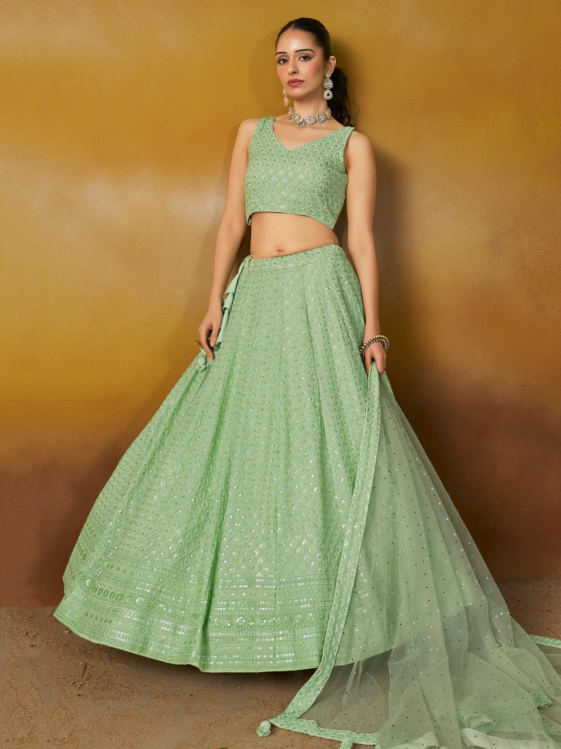 Sequins georgette lehenga choli with thread embroidery for wedding and sangeet occasions