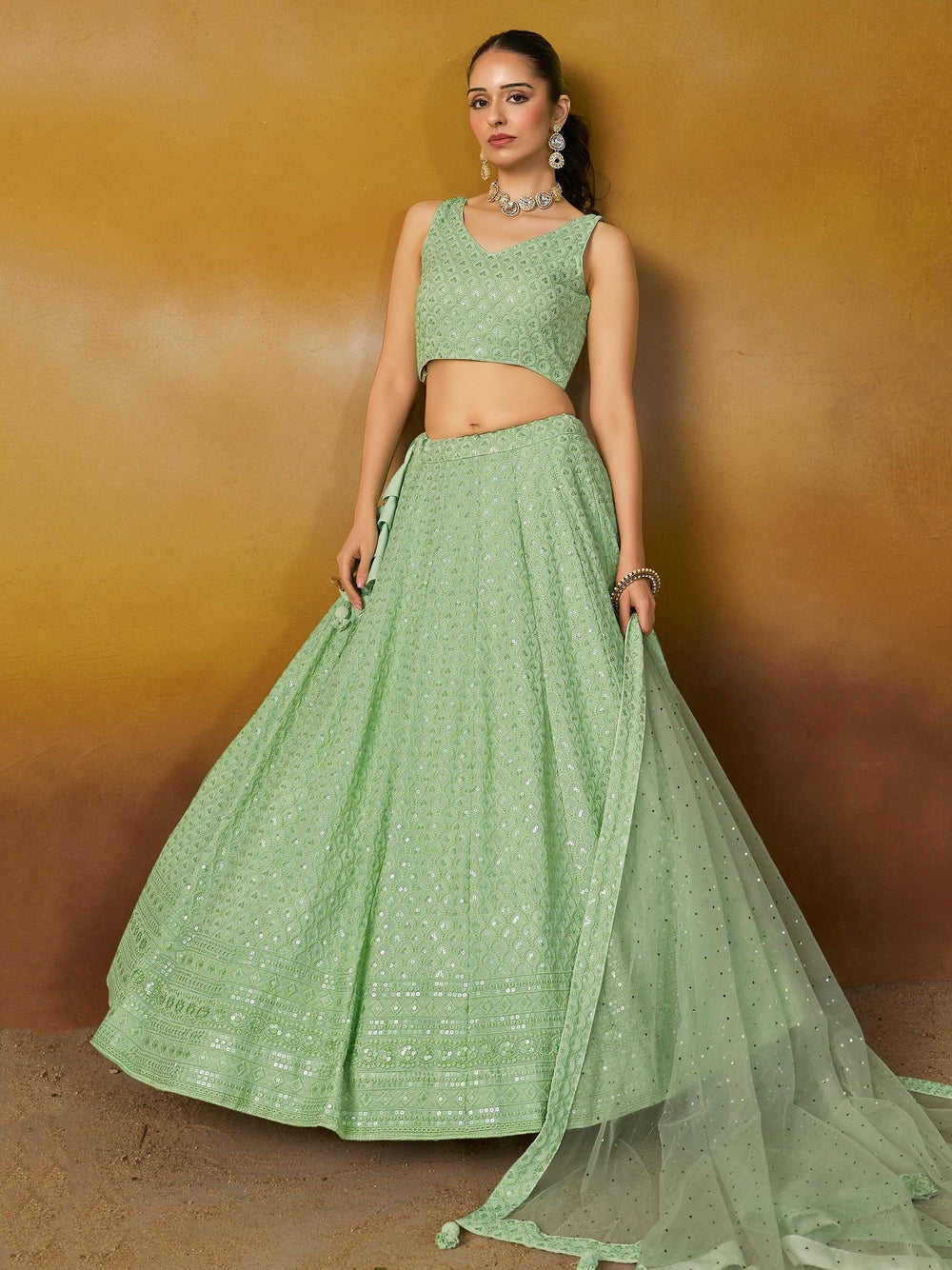Sequins georgette lehenga choli with thread embroidery for wedding and sangeet occasions