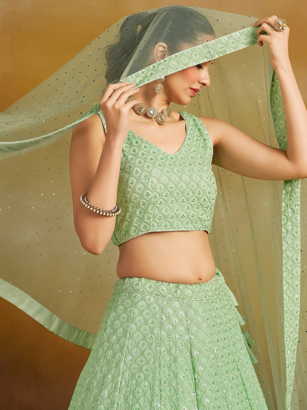 Sequins georgette lehenga choli with thread embroidery for wedding and sangeet occasions