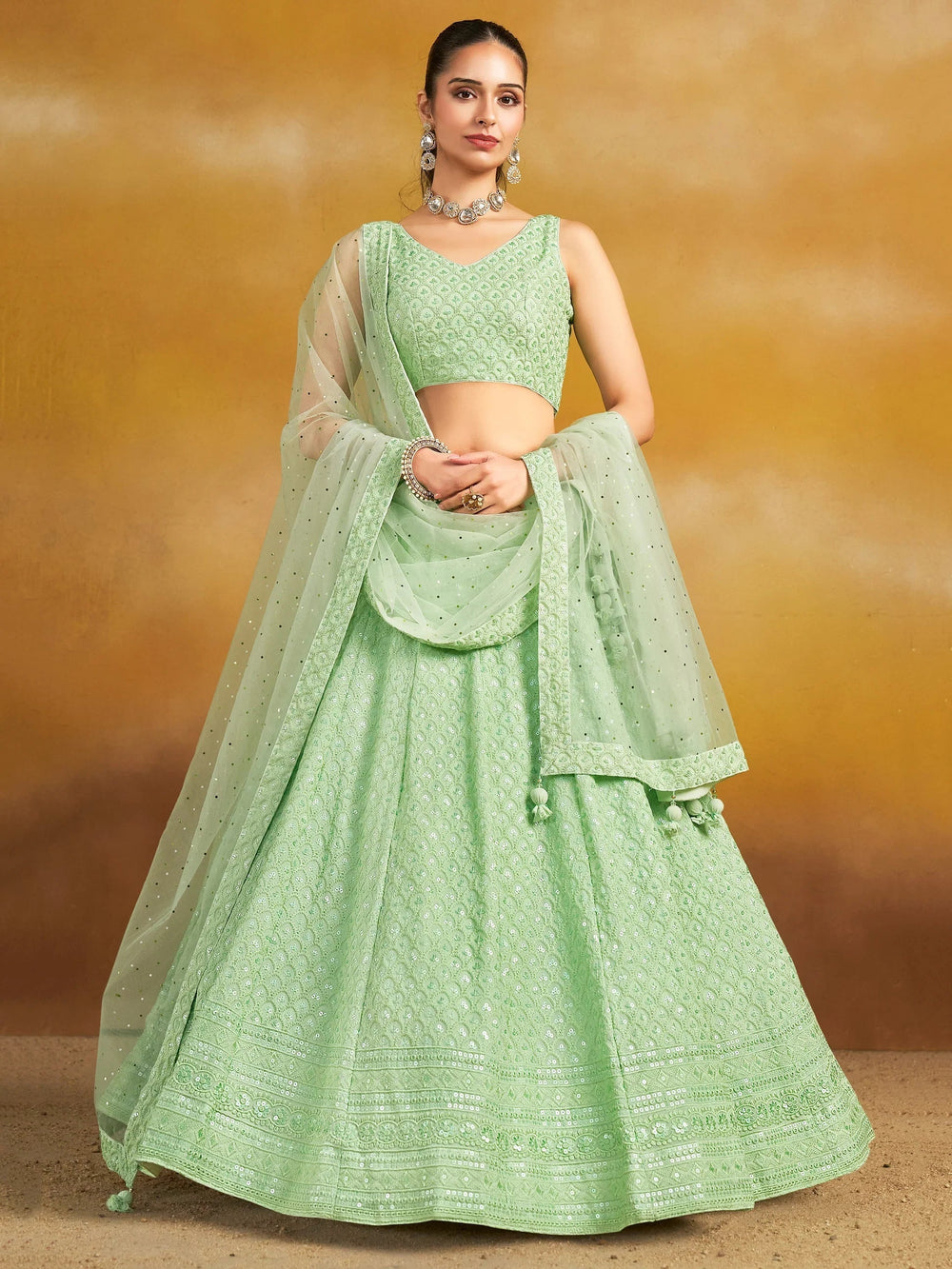Sequins georgette lehenga choli with thread embroidery for wedding and sangeet occasions