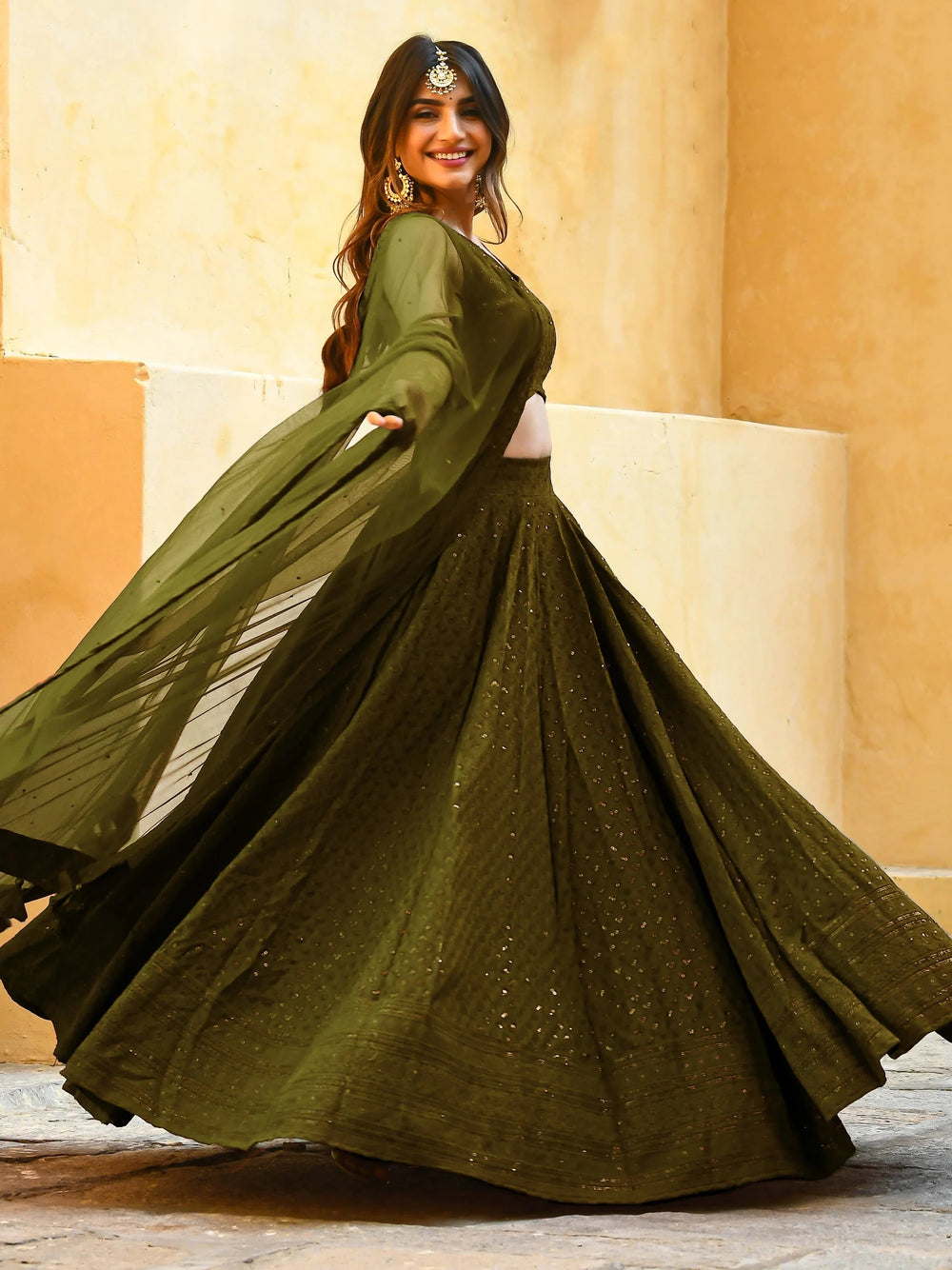 Sequins georgette lehenga choli with thread embroidery for wedding and sangeet occasions