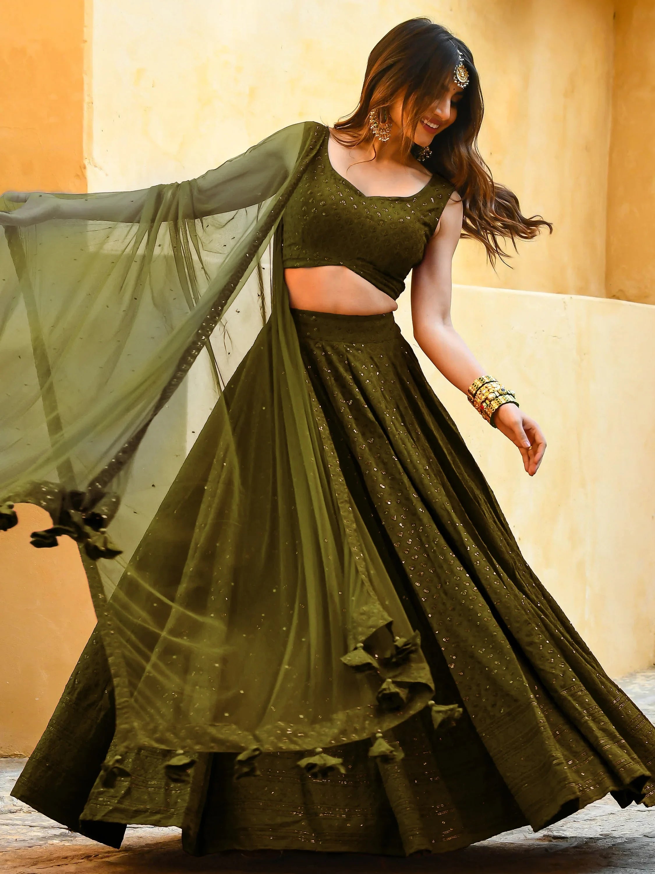 Sequins georgette lehenga choli with thread embroidery for wedding and sangeet occasions