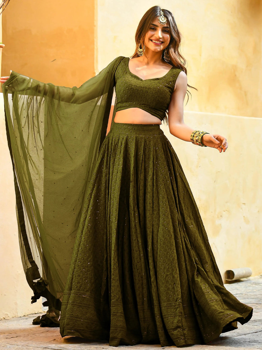 Sequins georgette lehenga choli with thread embroidery for wedding and sangeet occasions