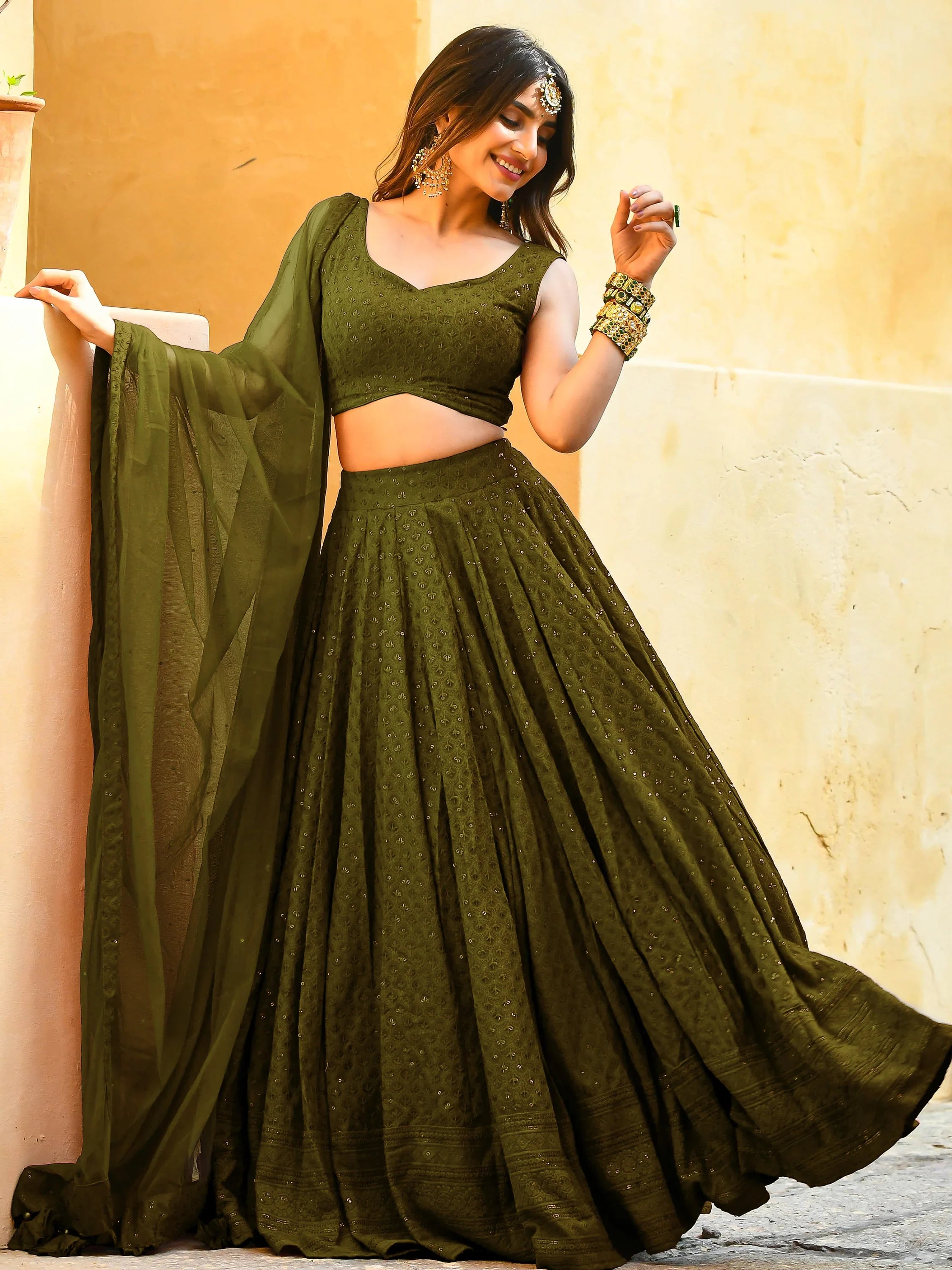 Sequins georgette lehenga choli with thread embroidery for wedding and sangeet occasions