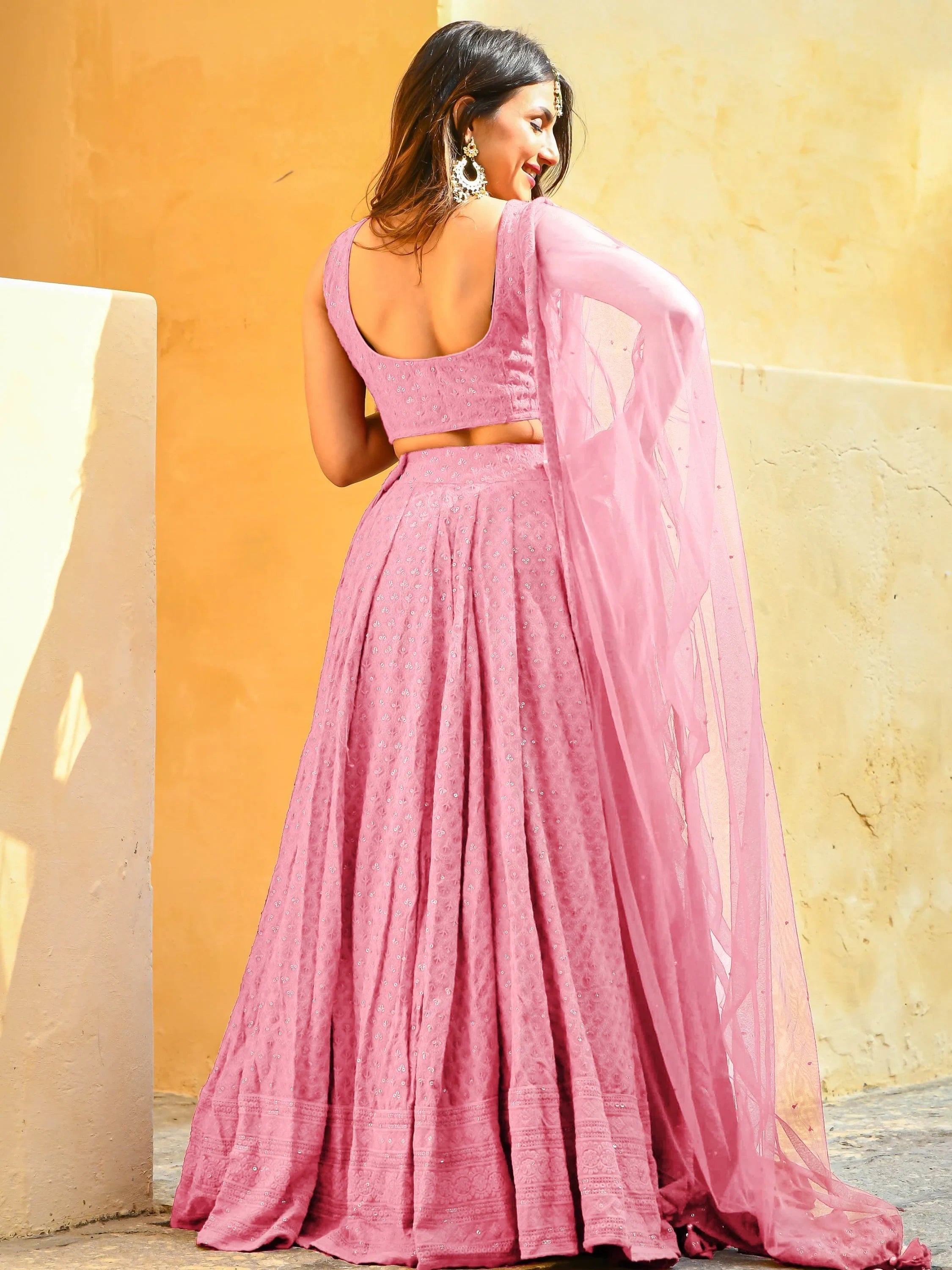 Sequins georgette lehenga choli with thread embroidery for wedding and sangeet occasions