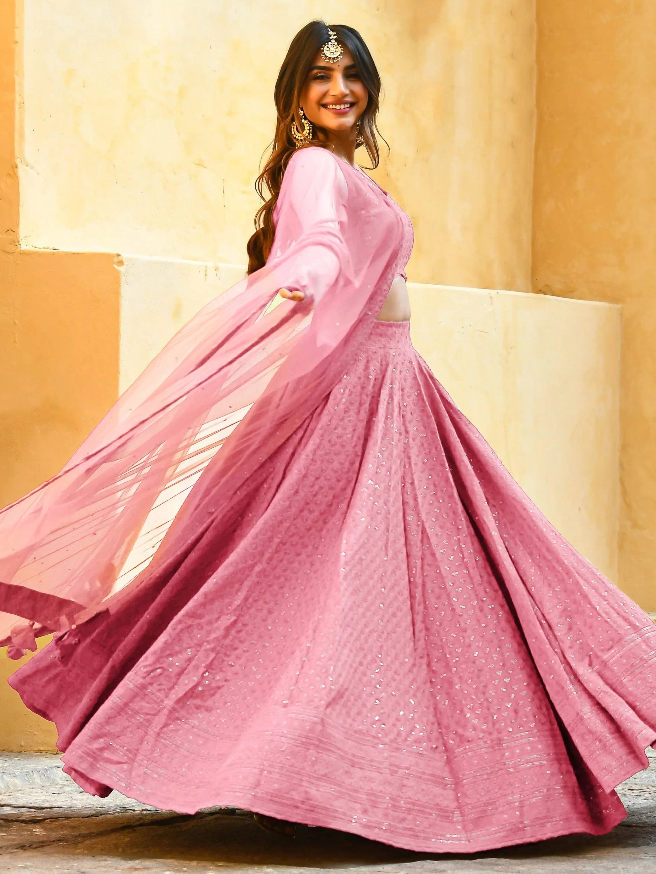 Sequins georgette lehenga choli with thread embroidery for wedding and sangeet occasions