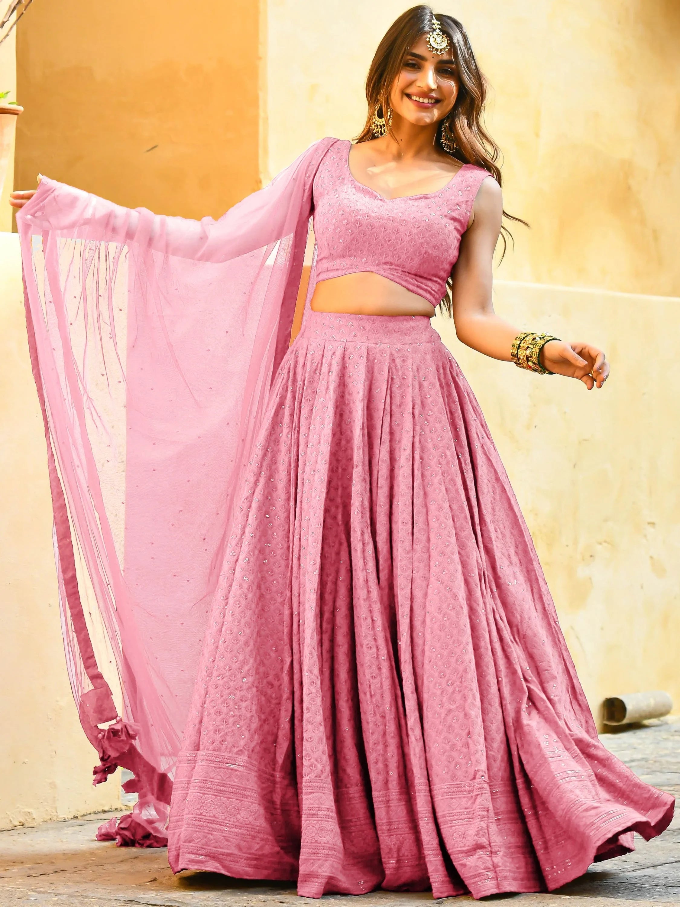 Sequins georgette lehenga choli with thread embroidery for wedding and sangeet occasions