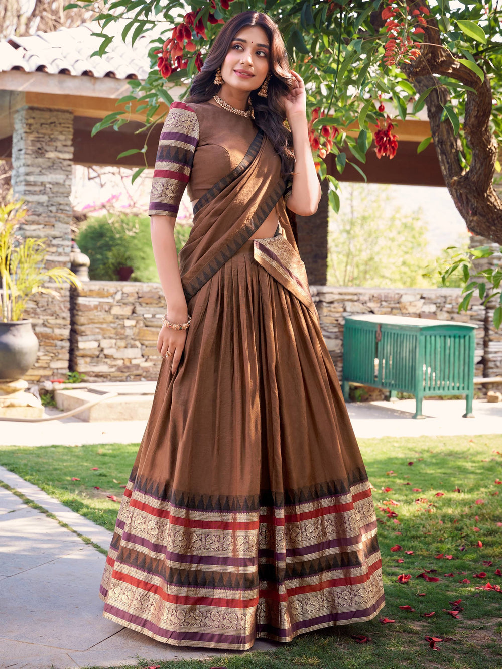 Brown Chanderi Silk Zari Weaving Traditional Lehenga Choli