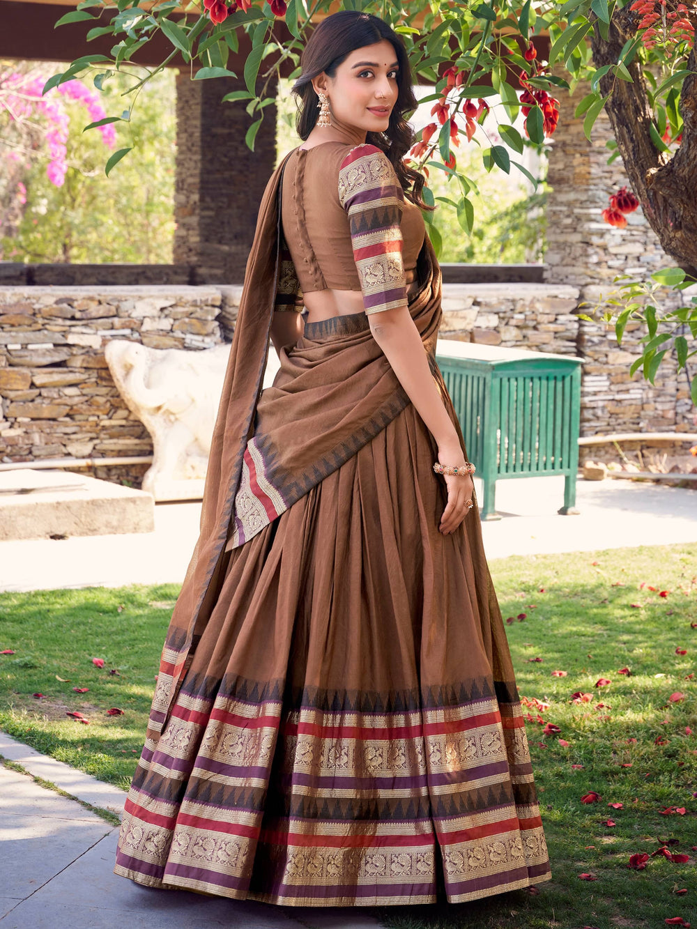 Brown Chanderi Silk Zari Weaving Traditional Lehenga Choli