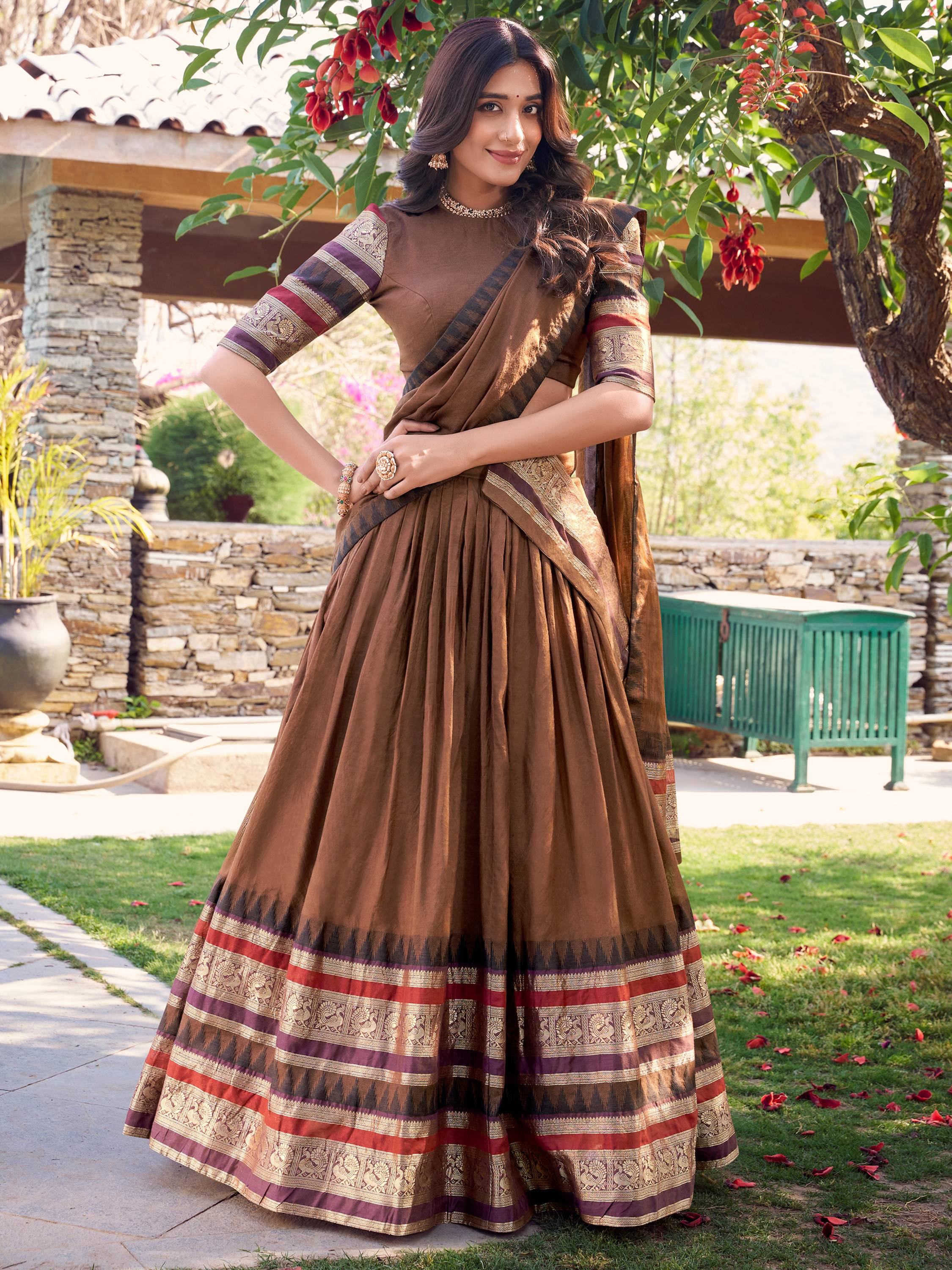Brown Chanderi Silk Zari Weaving Traditional Lehenga Choli