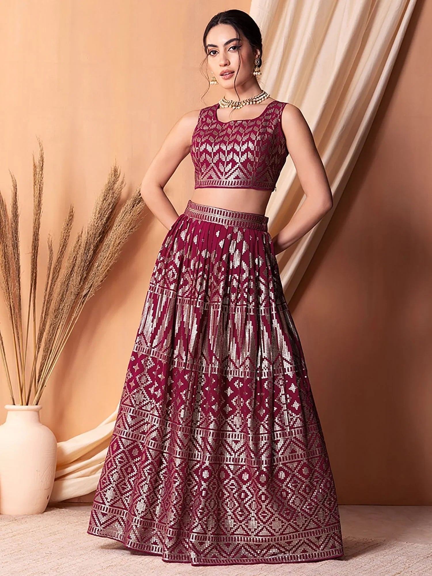 Dark Pink Sequins Georgette Festival Lehenga Choli for Women