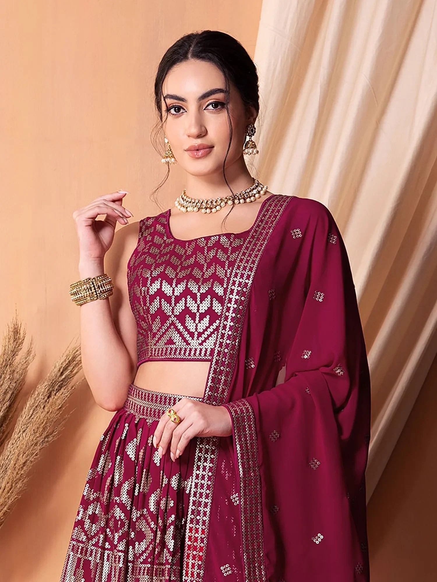 Dark Pink Sequins Georgette Festival Lehenga Choli for Women