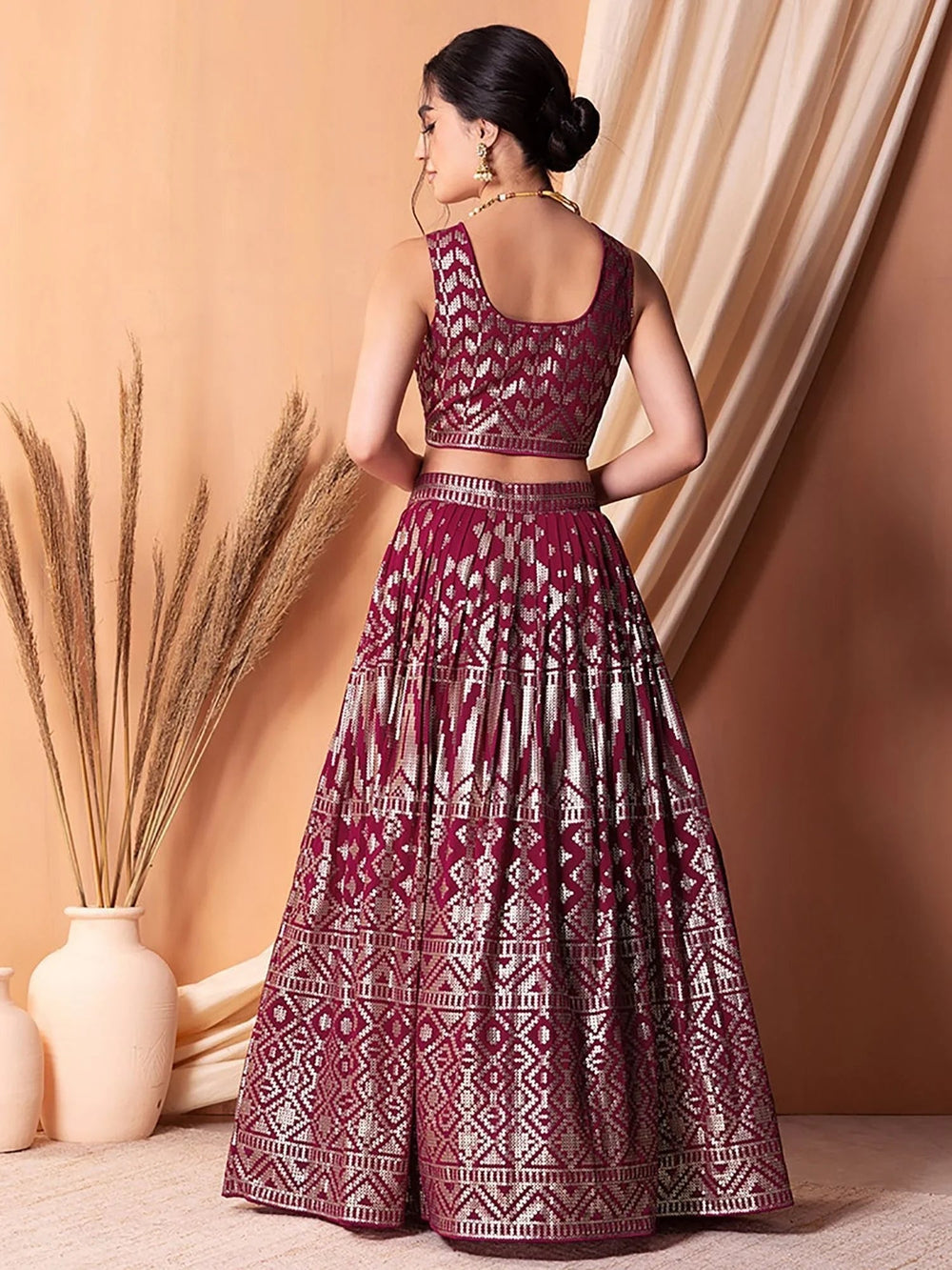 Dark Pink Sequins Georgette Festival Lehenga Choli for Women