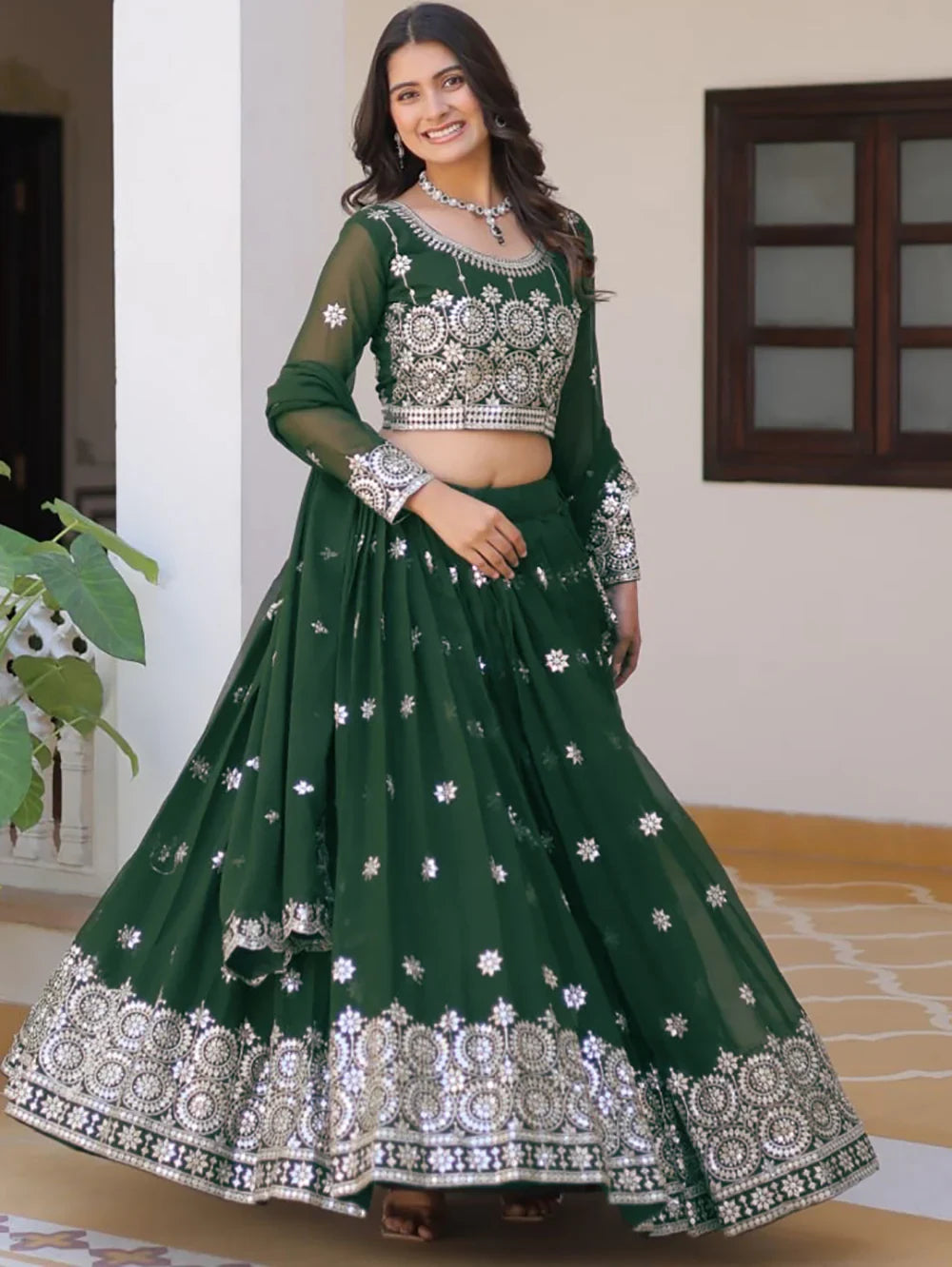 Green Eye-Catching Sequins Georgette Haldi Wear Lehenga Choli for Women
