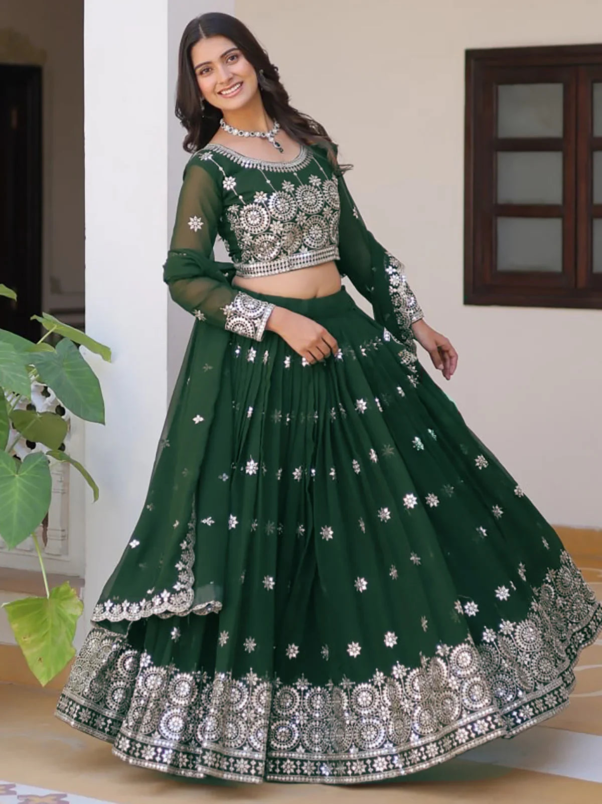 Green Eye-Catching Sequins Georgette Haldi Wear Lehenga Choli for Women
