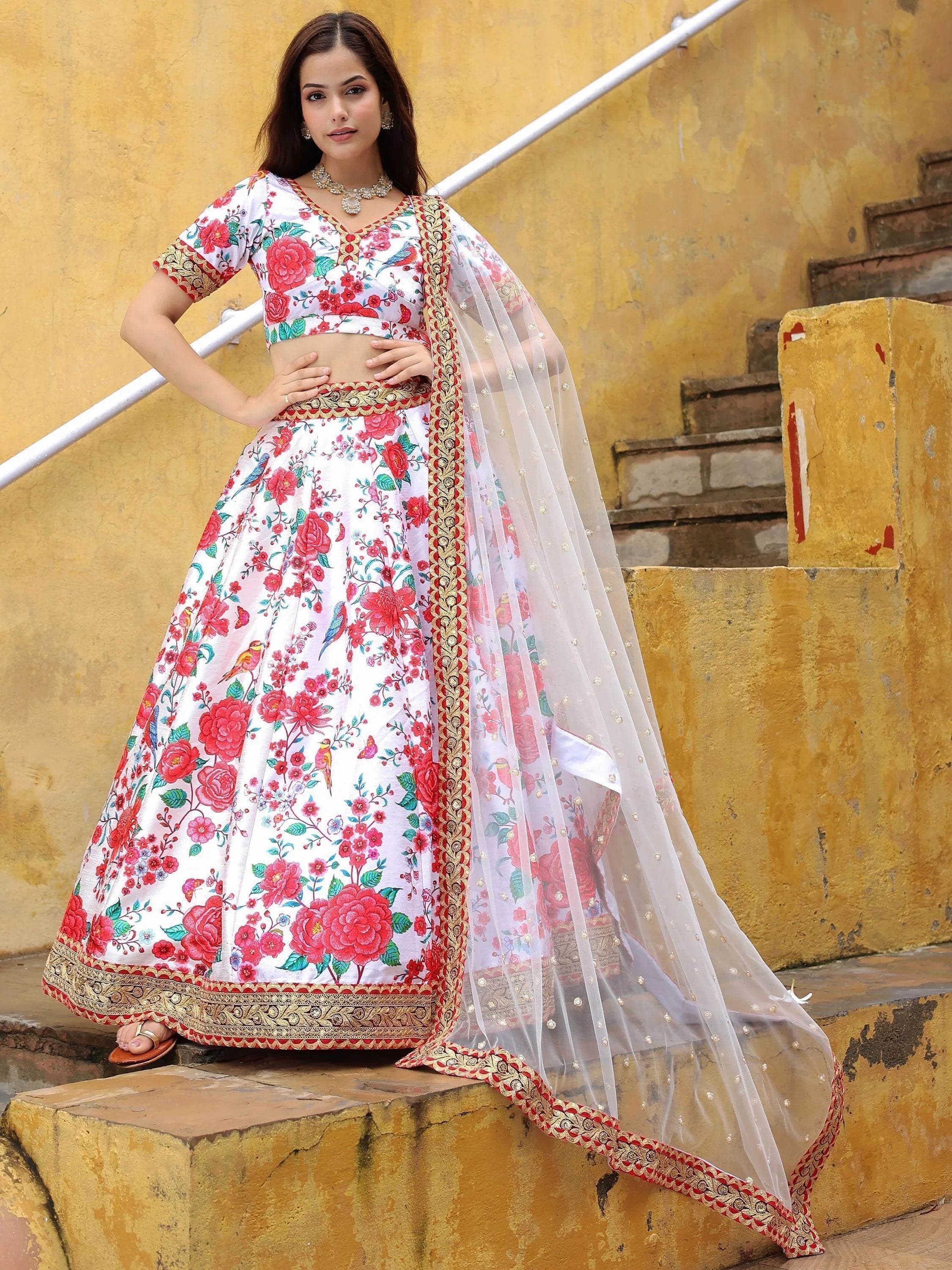 Art silk lehenga choli with floral print and sequins work for wedding occasions
