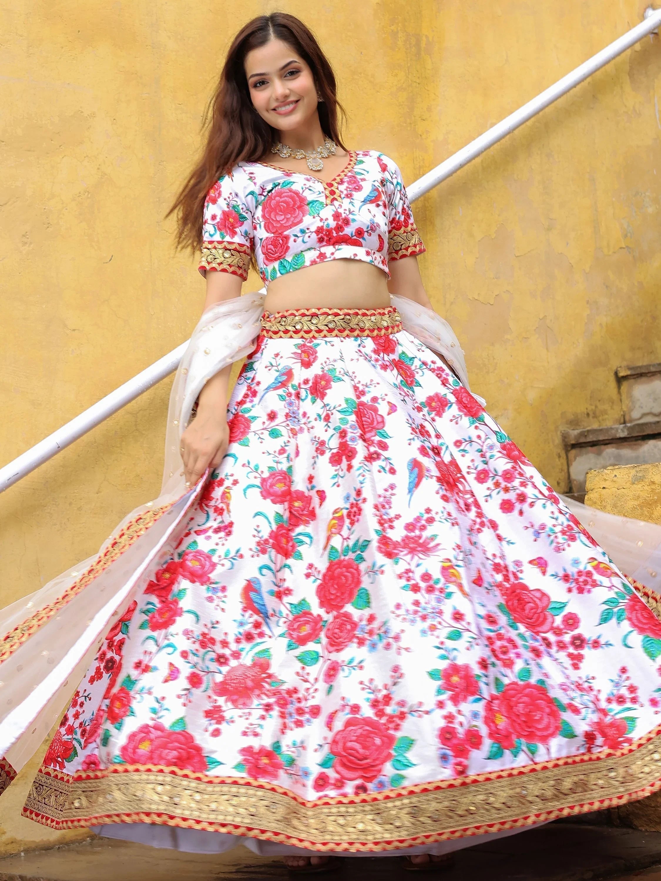 Art silk lehenga choli with floral print and sequins work for wedding occasions